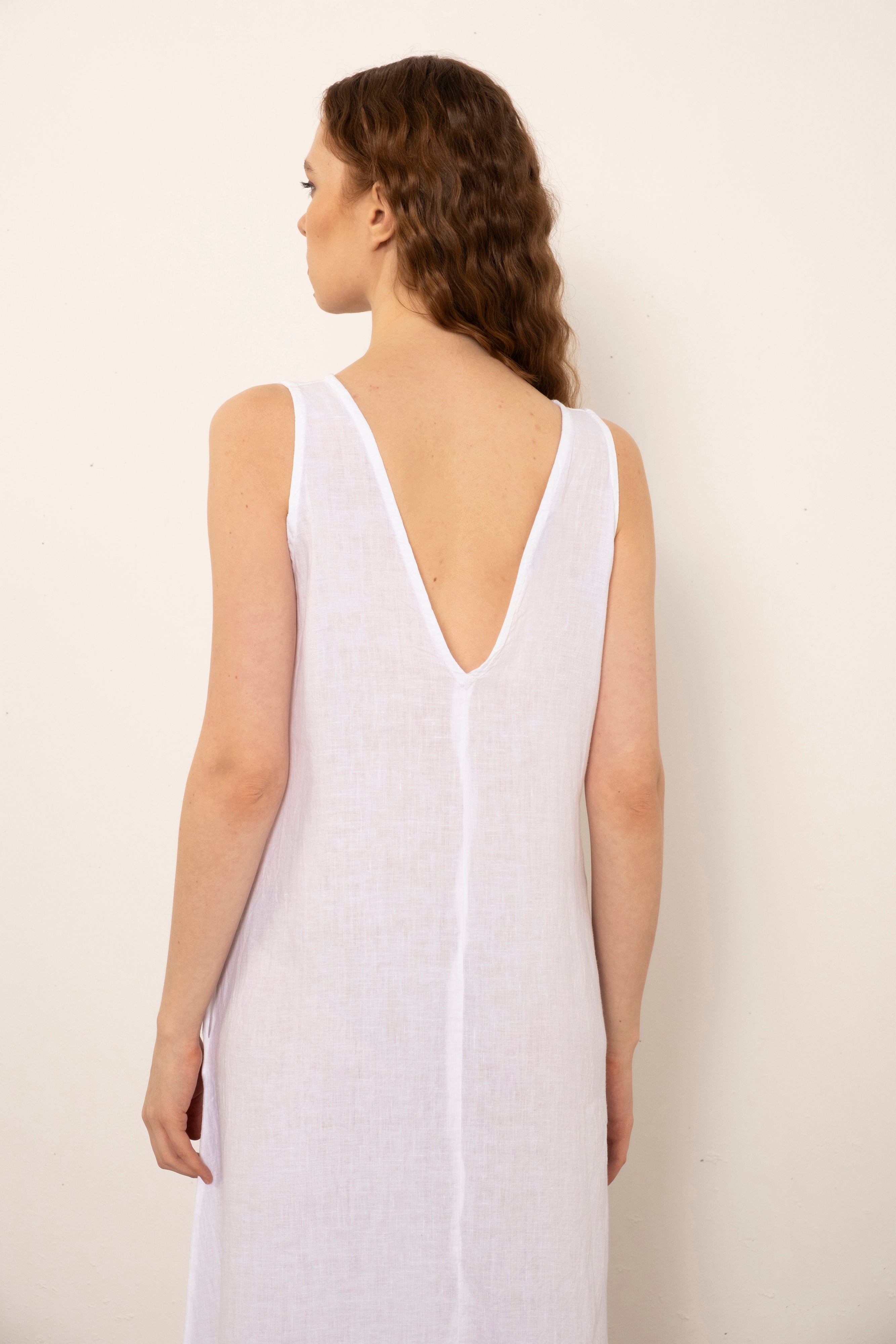 V-Neck Raw Linen Dress with Slits