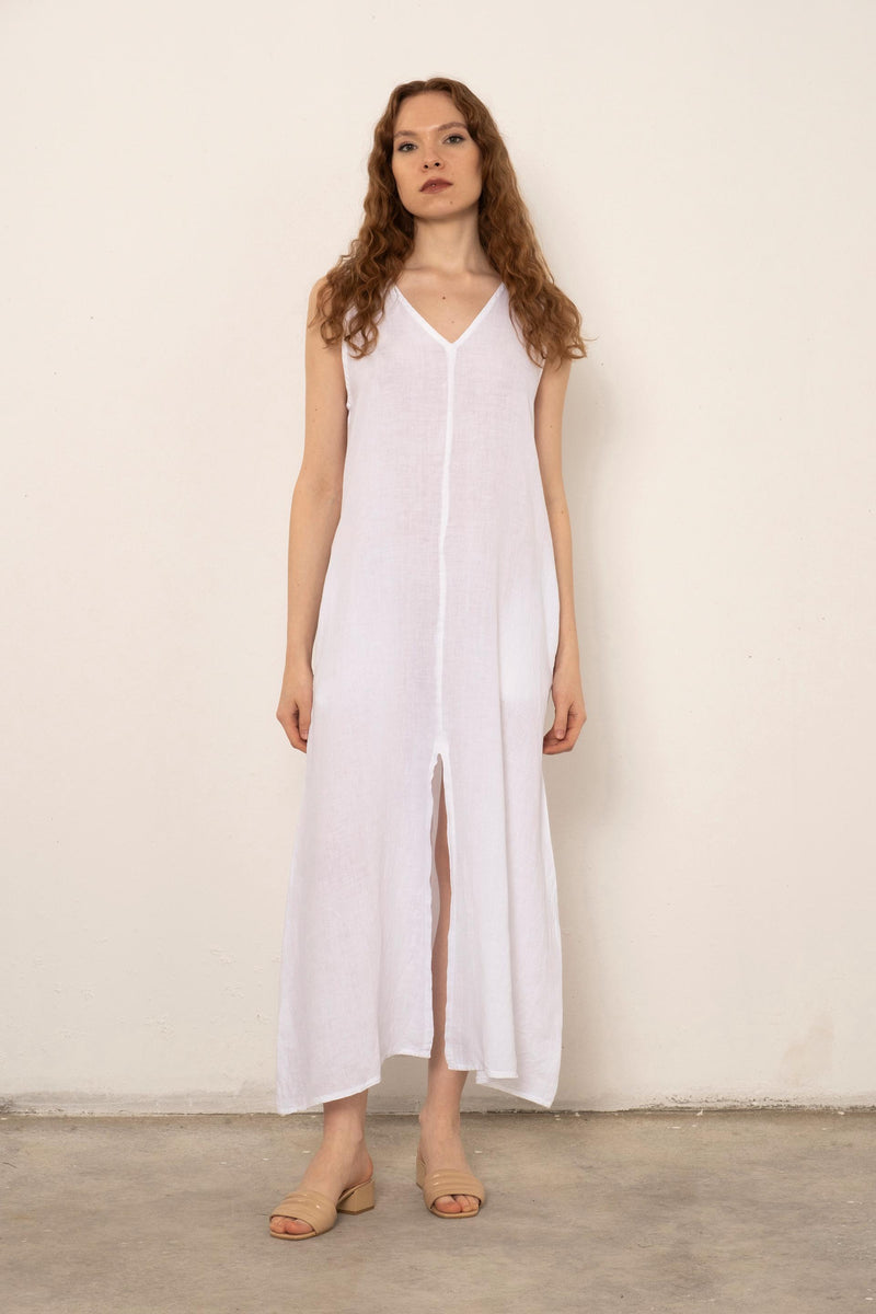 Pure Linen V-Neck Slit Dress