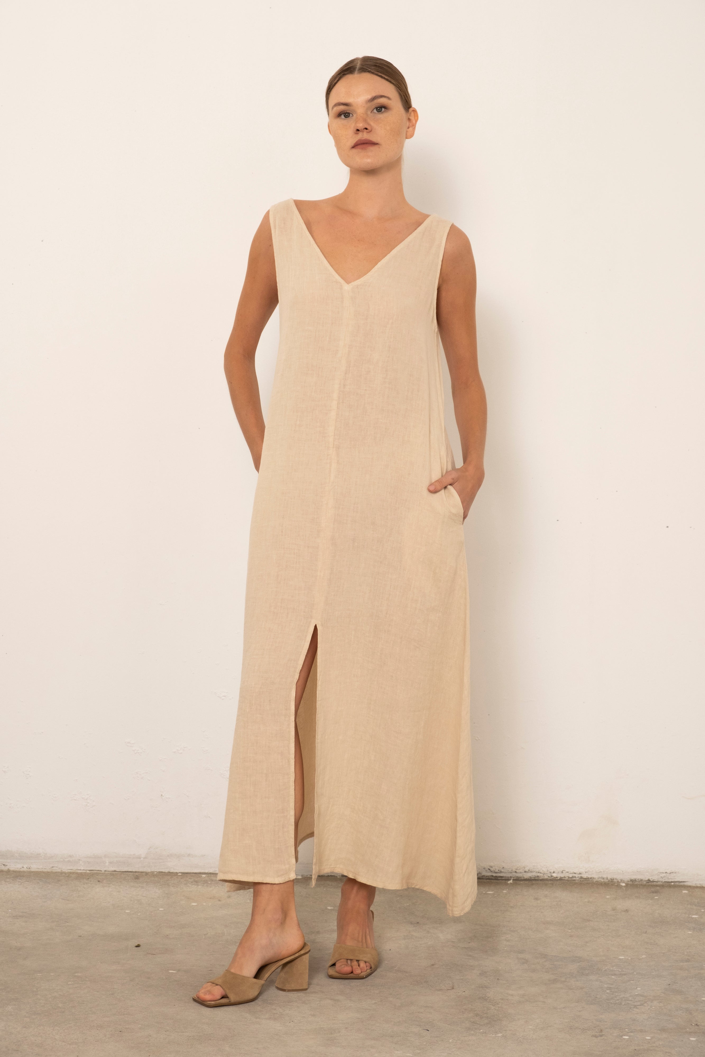 V-Neck Raw Linen Dress with Slits