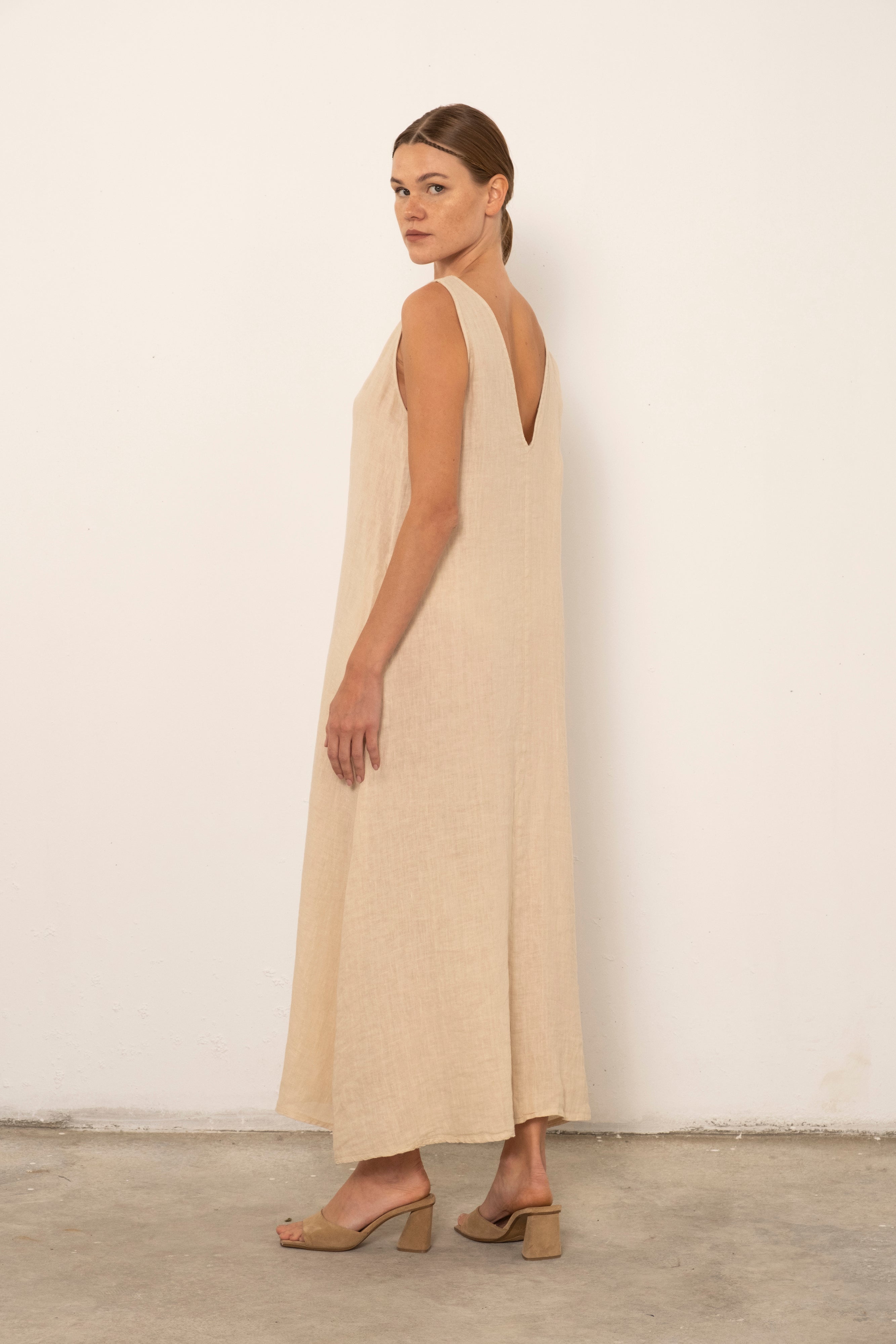 V-Neck Raw Linen Dress with Slits