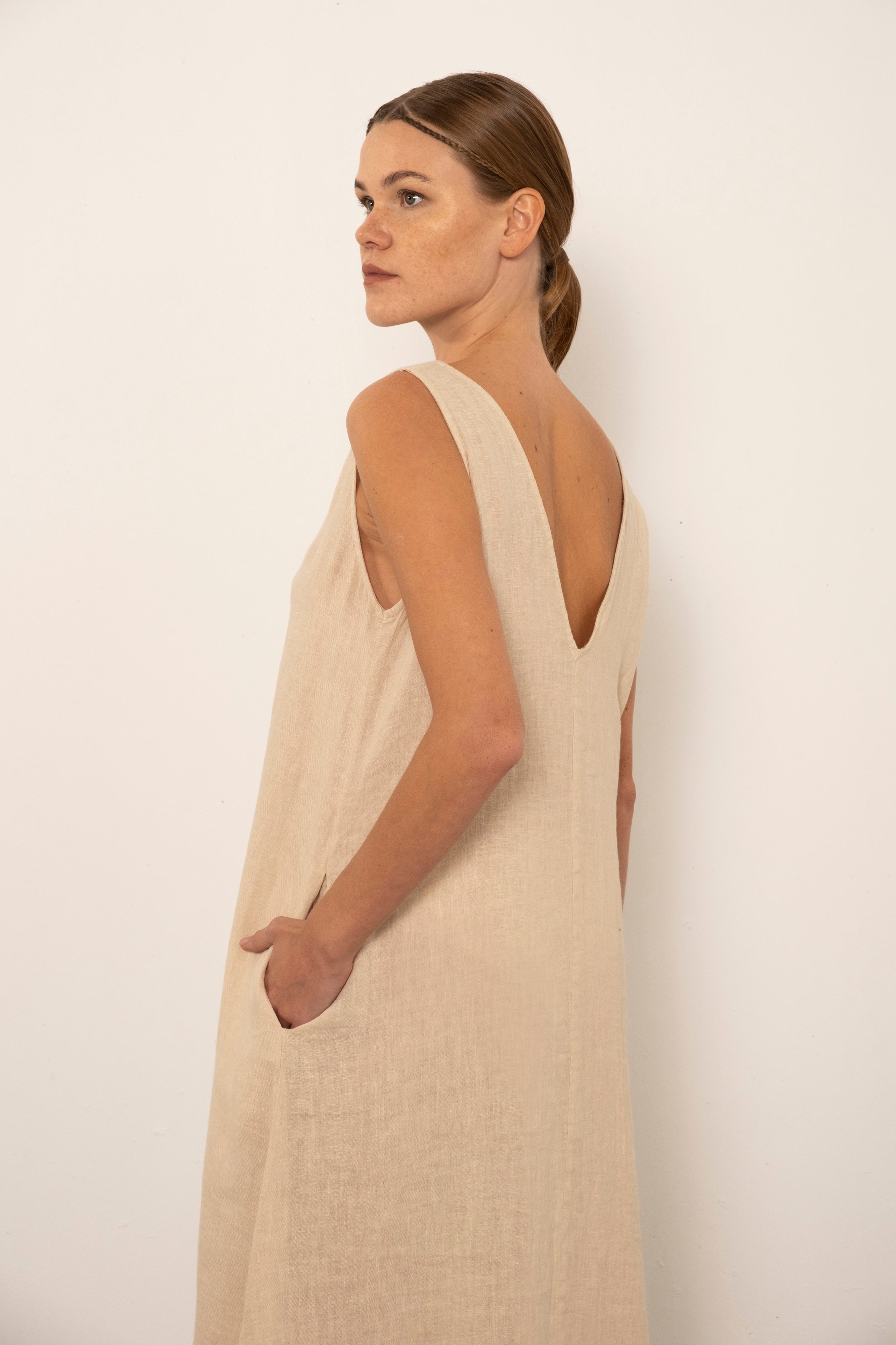 V-Neck Raw Linen Dress with Slits