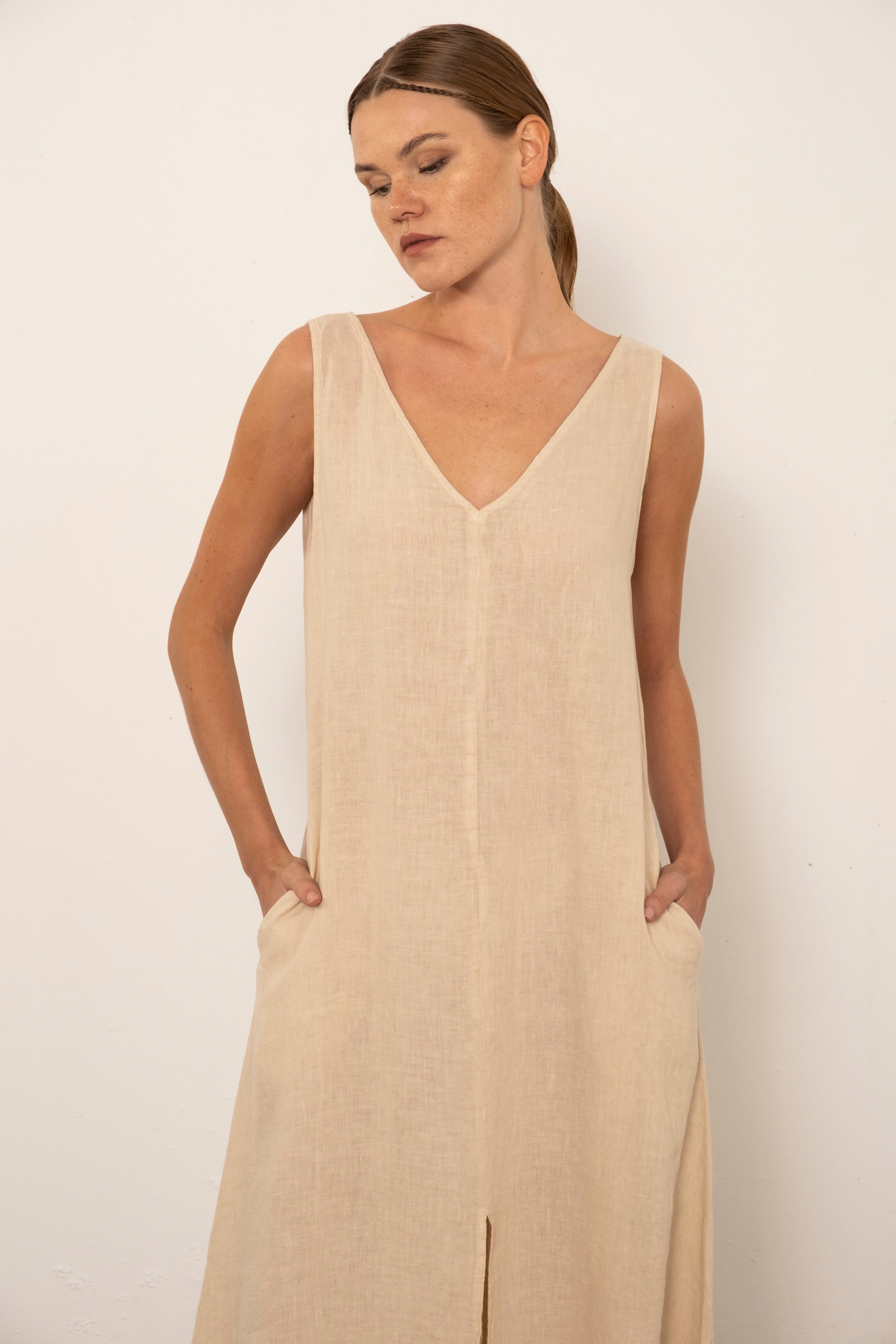 V-Neck Raw Linen Dress with Slits