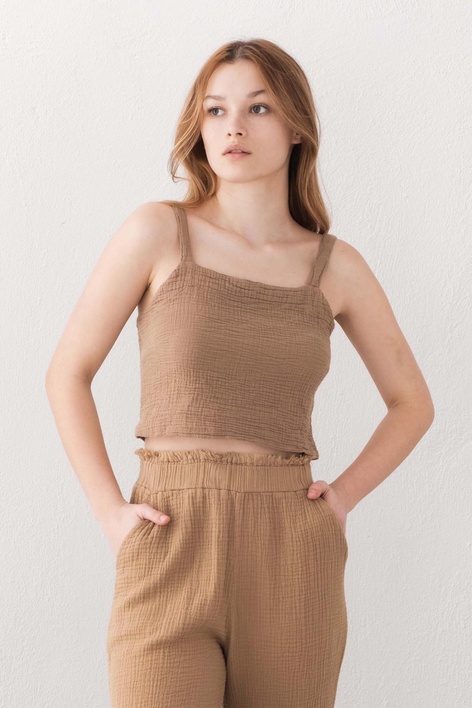 Arkası Gipeli Askılı Kadın Müslin Crop Top / Kahve #renk_Kahve