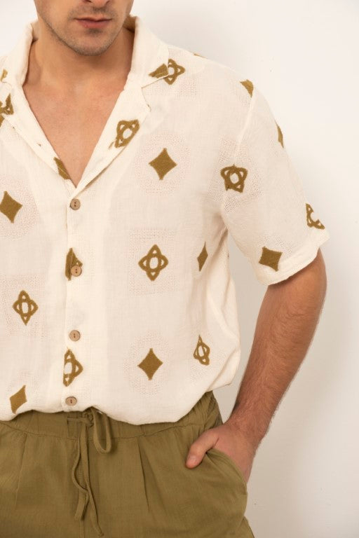 Bordürlü Kısa Kollu Erkek Gömlek #renk_Haki