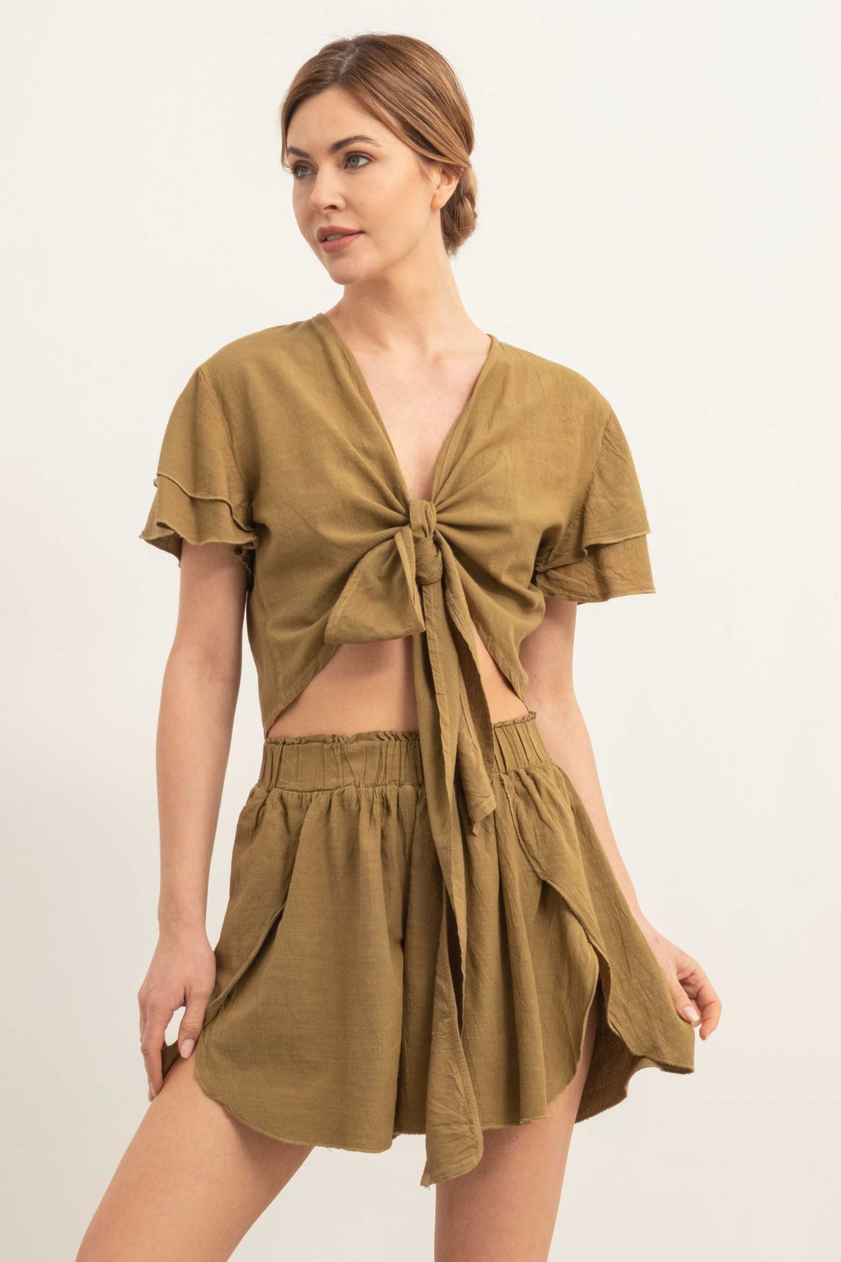 Ruffle Sleeve Tied Crop