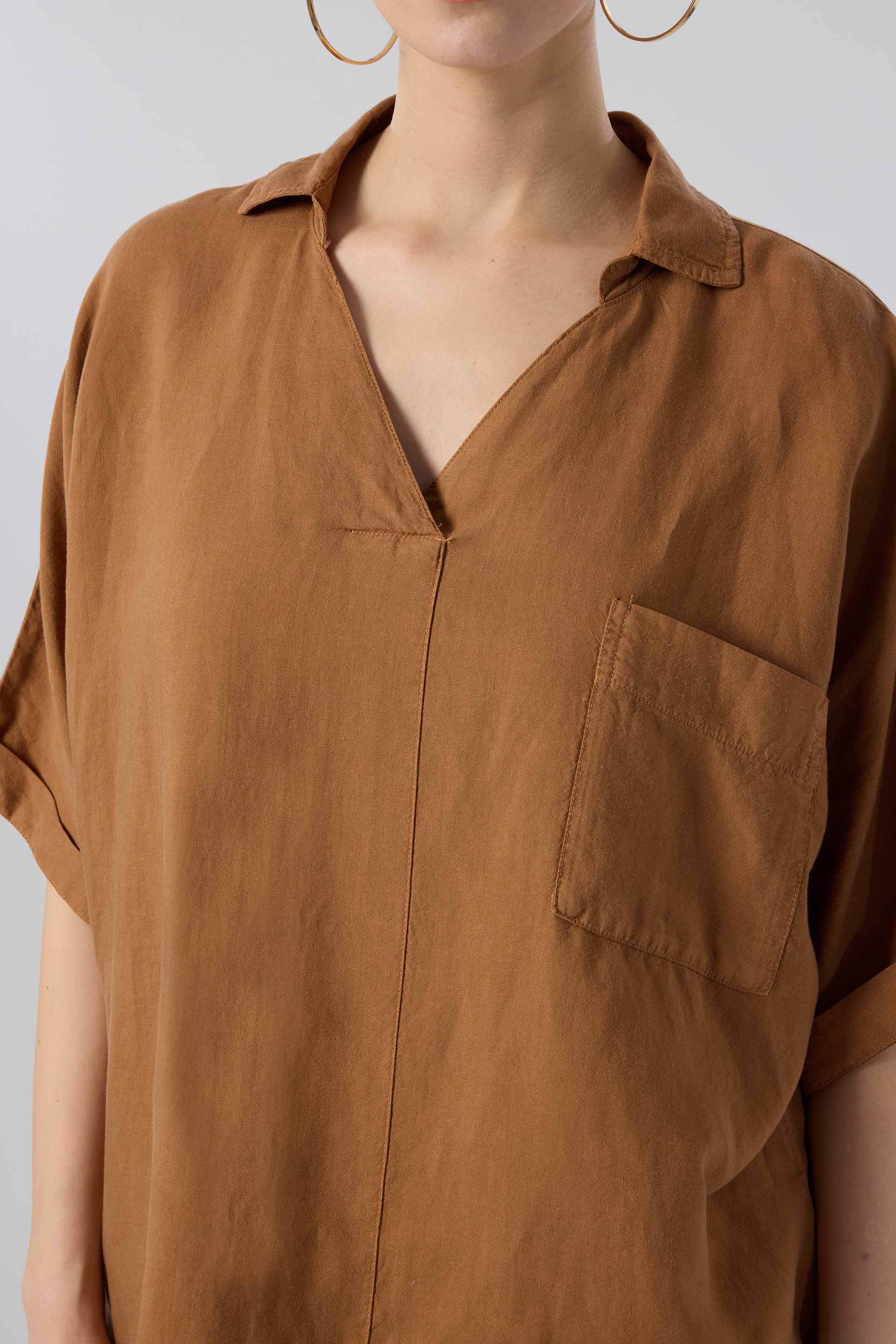 Keten V Yaka Oversize Kadın Gömlek #renk_Kiremit