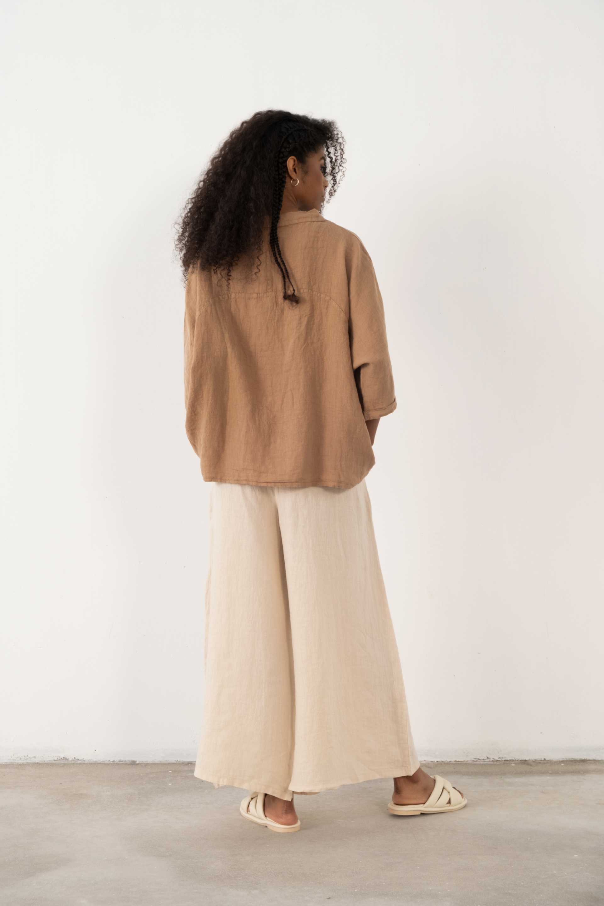 Keten V Yaka Oversize Kadın Gömlek #renk_Kahve