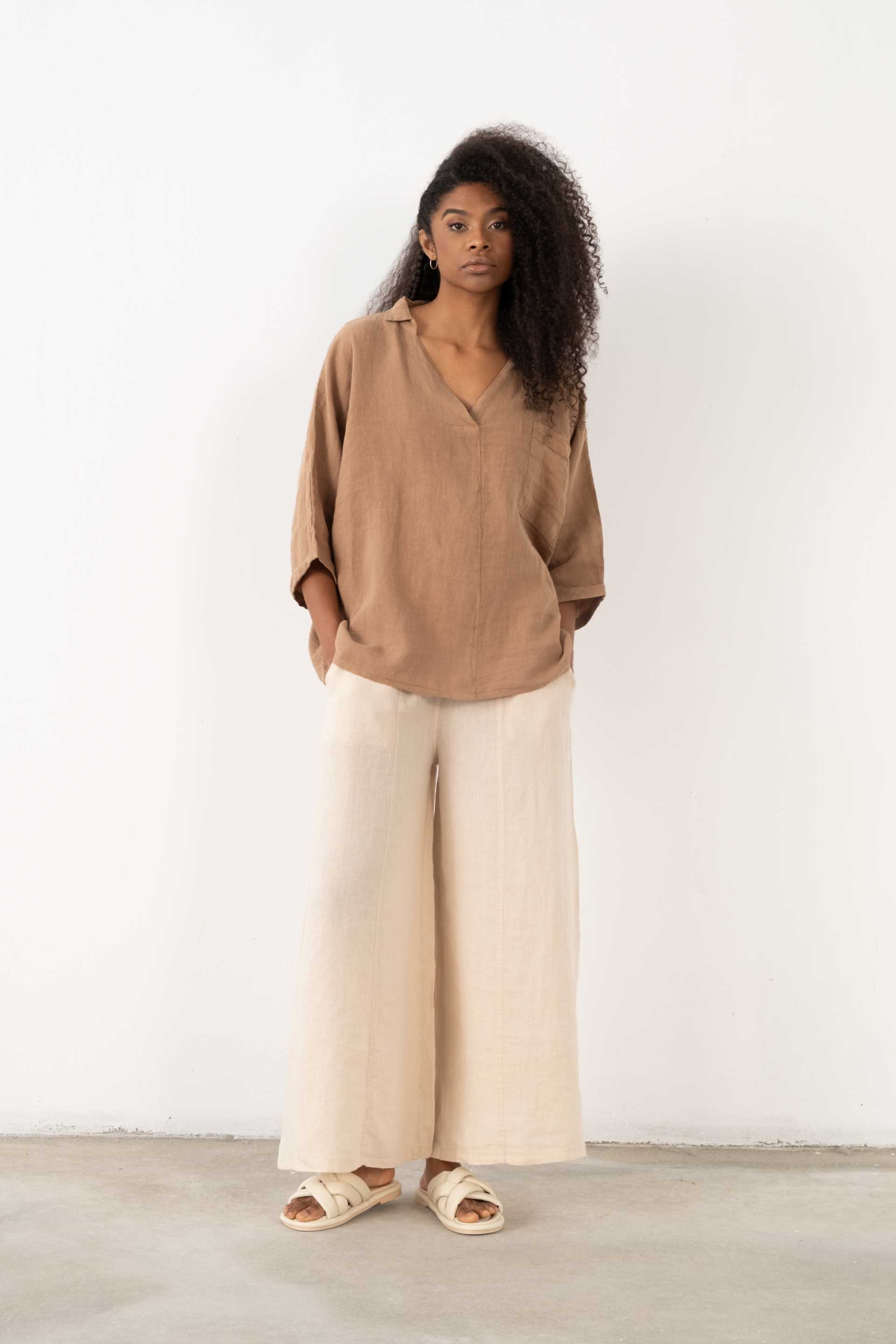 Keten V Yaka Oversize Kadın Gömlek #renk_Kahve