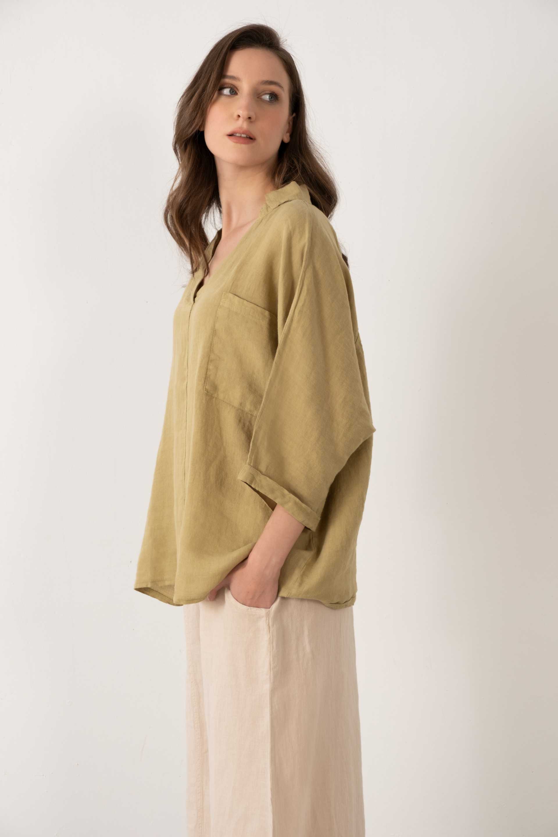 Keten V Yaka Oversize Kadın Gömlek #renk_Mint