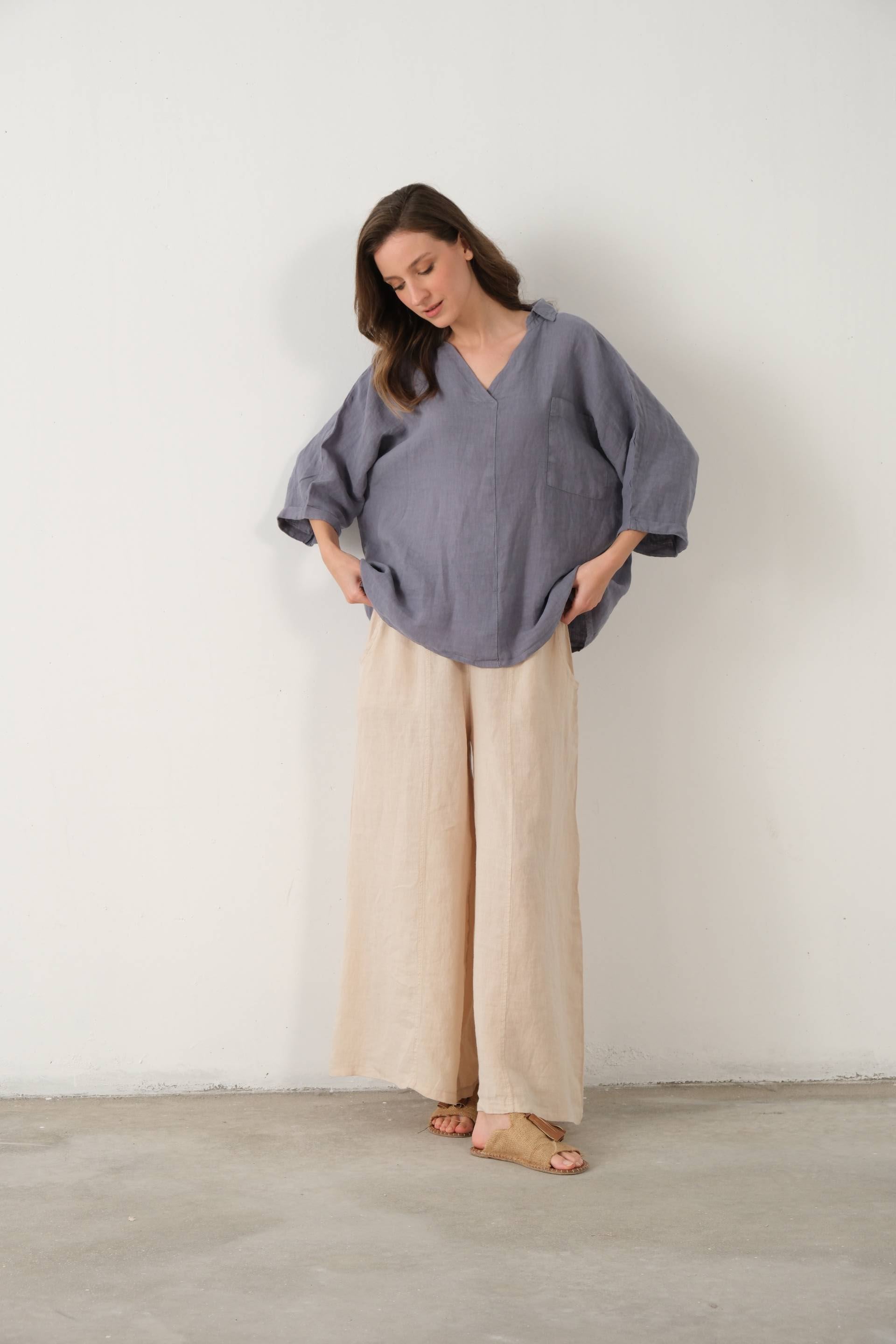 Keten V Yaka Oversize Kadın Gömlek #renk_Lila