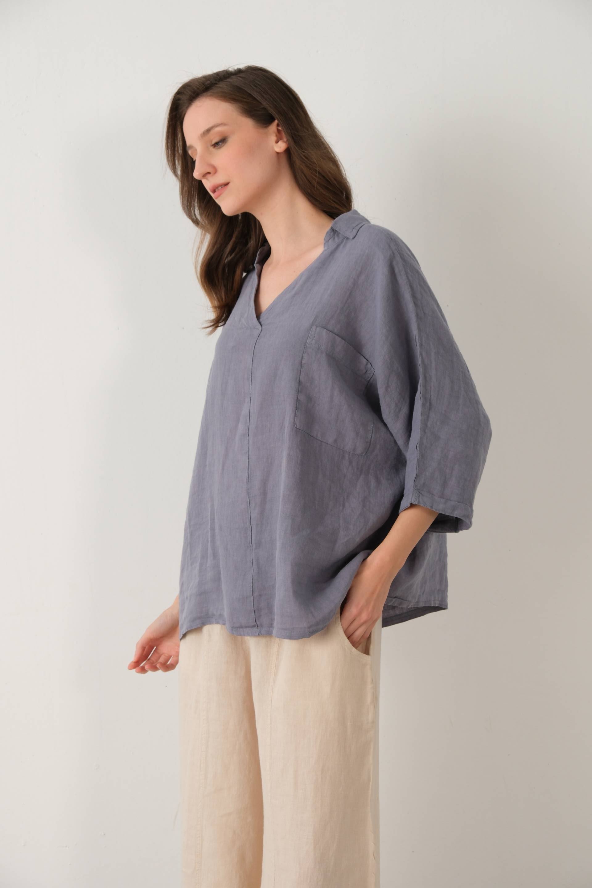 Keten V Yaka Oversize Kadın Gömlek #renk_Lila