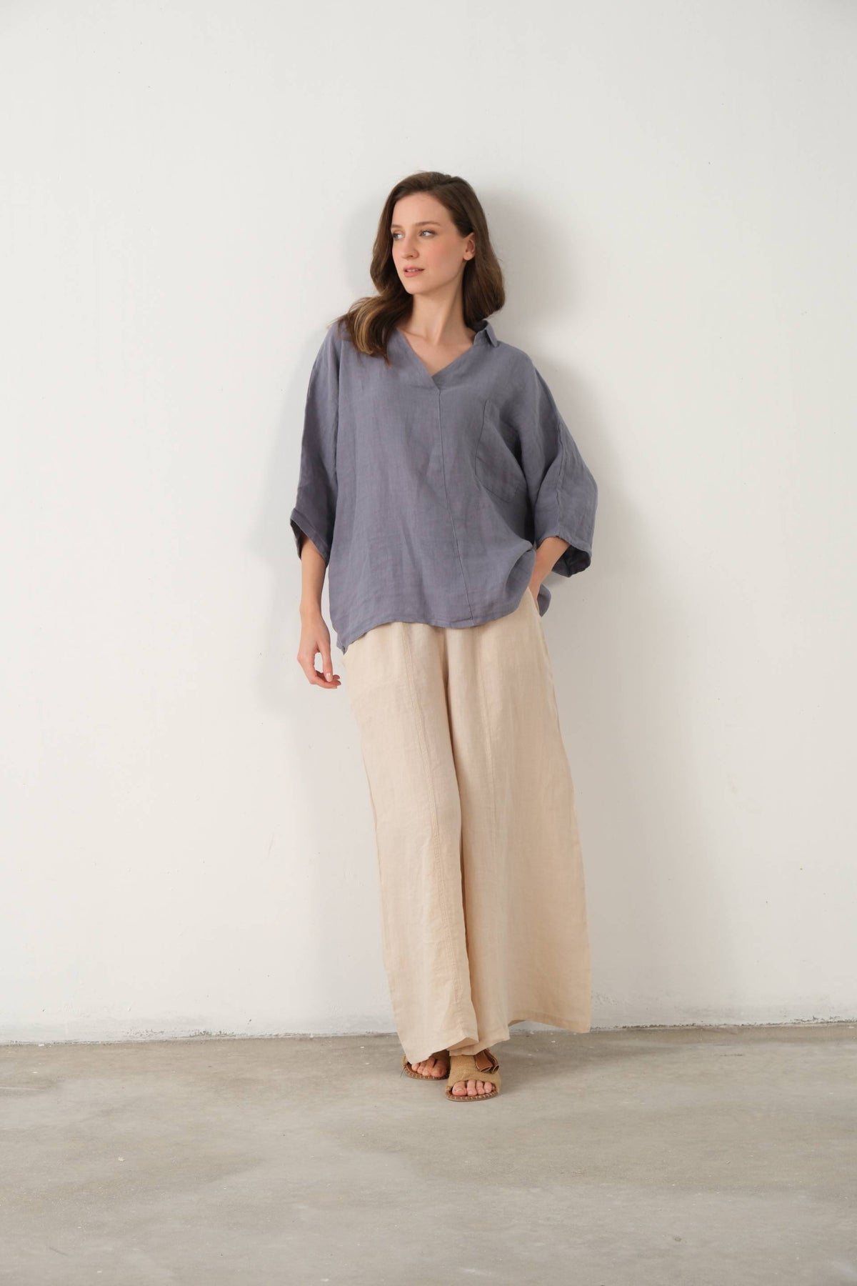 Keten V Yaka Oversize Kadın Gömlek #renk_Lila