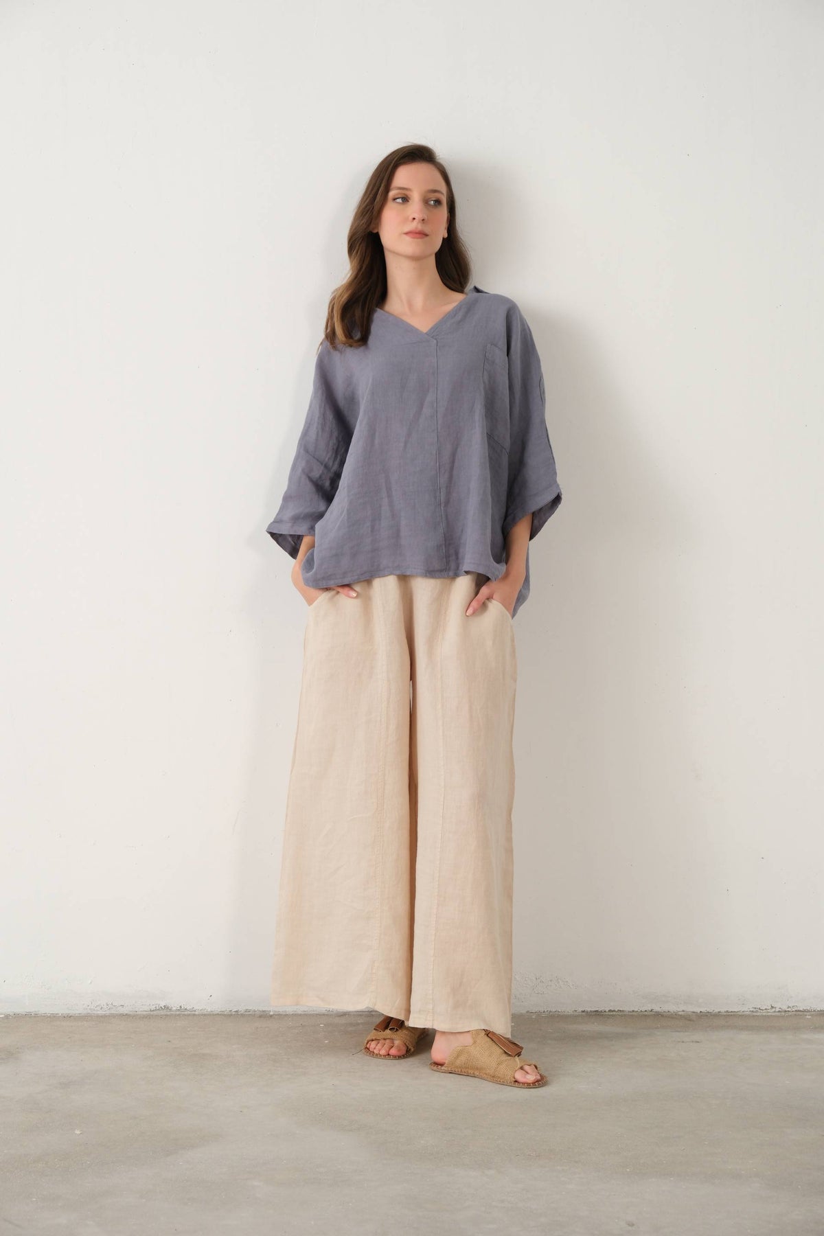 Keten V Yaka Oversize Kadın Gömlek #renk_Lila