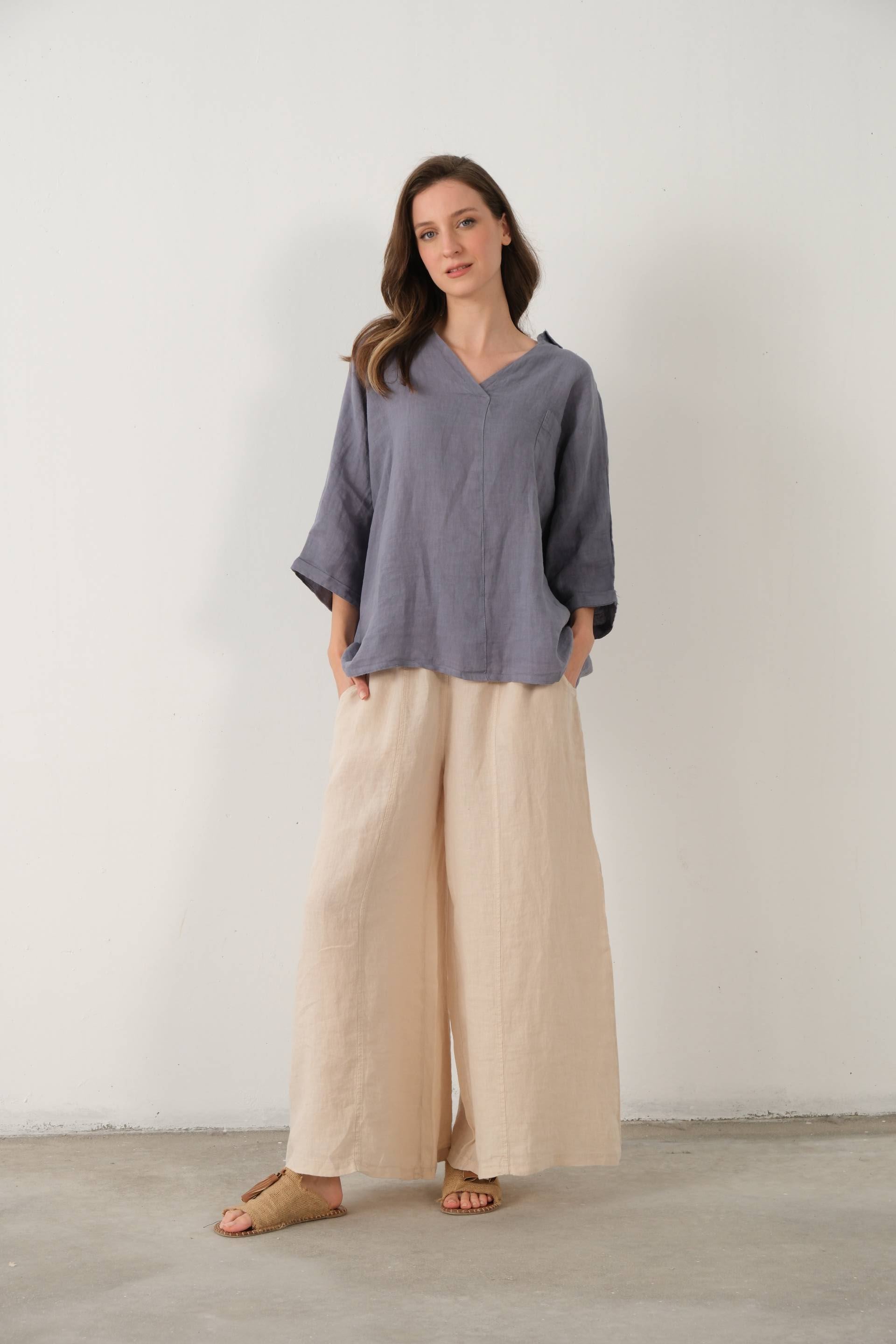 Keten V Yaka Oversize Kadın Gömlek #renk_Lila