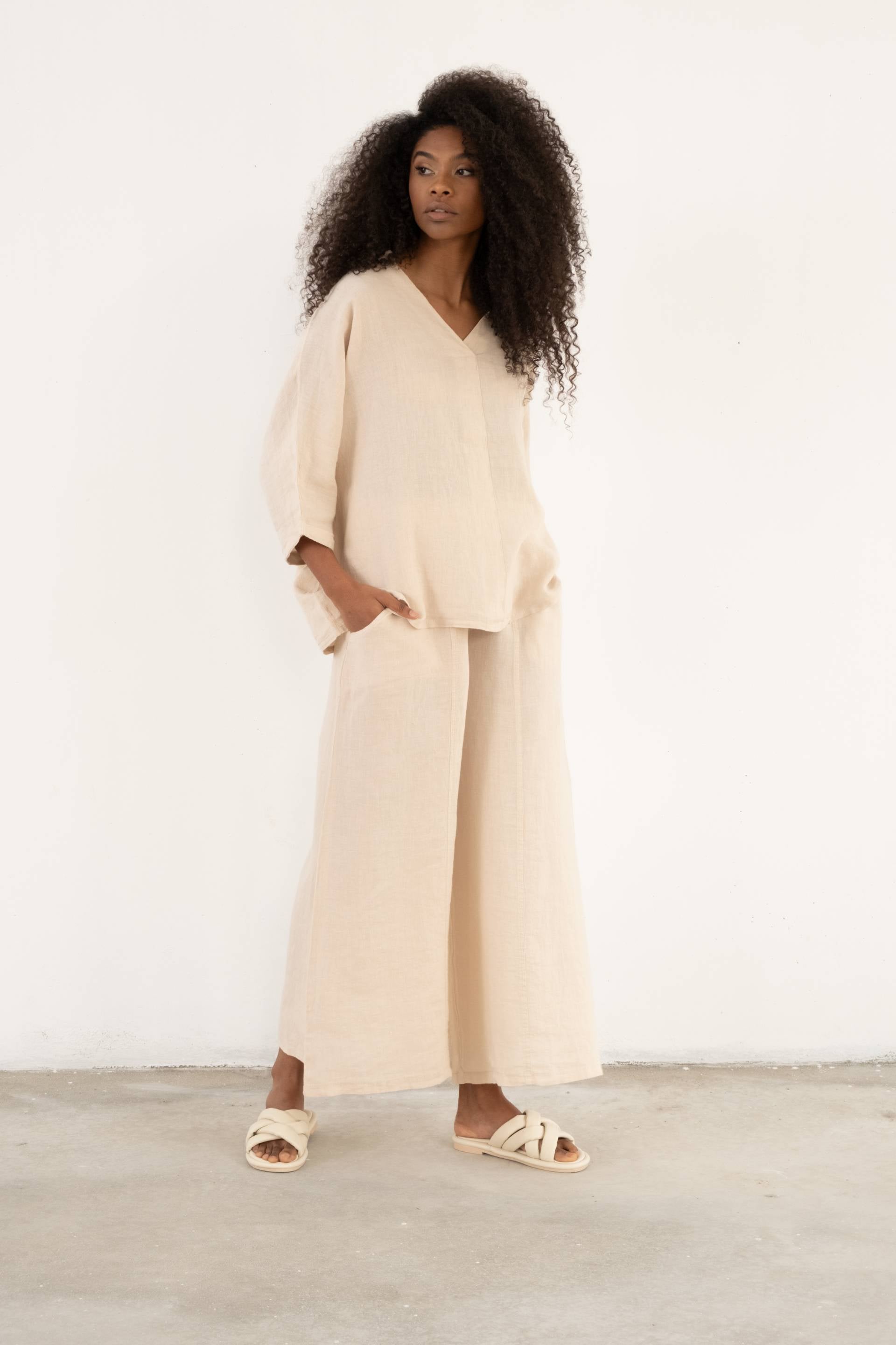 Keten V Yaka Oversize Kadın Gömlek #renk_Bej