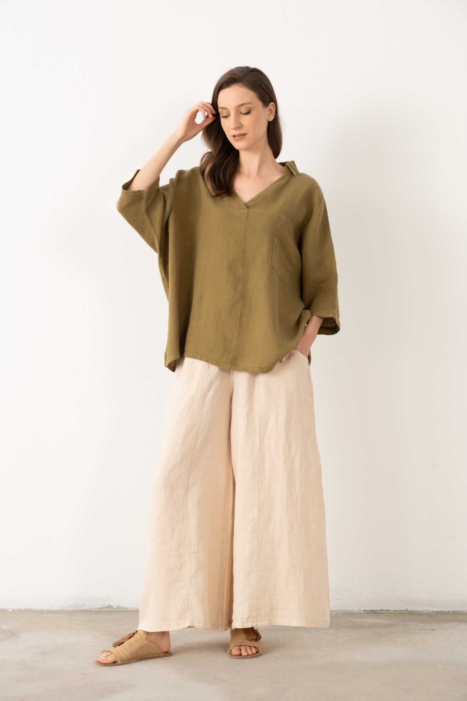 Keten V Yaka Oversize Kadın Gömlek #renk_Haki