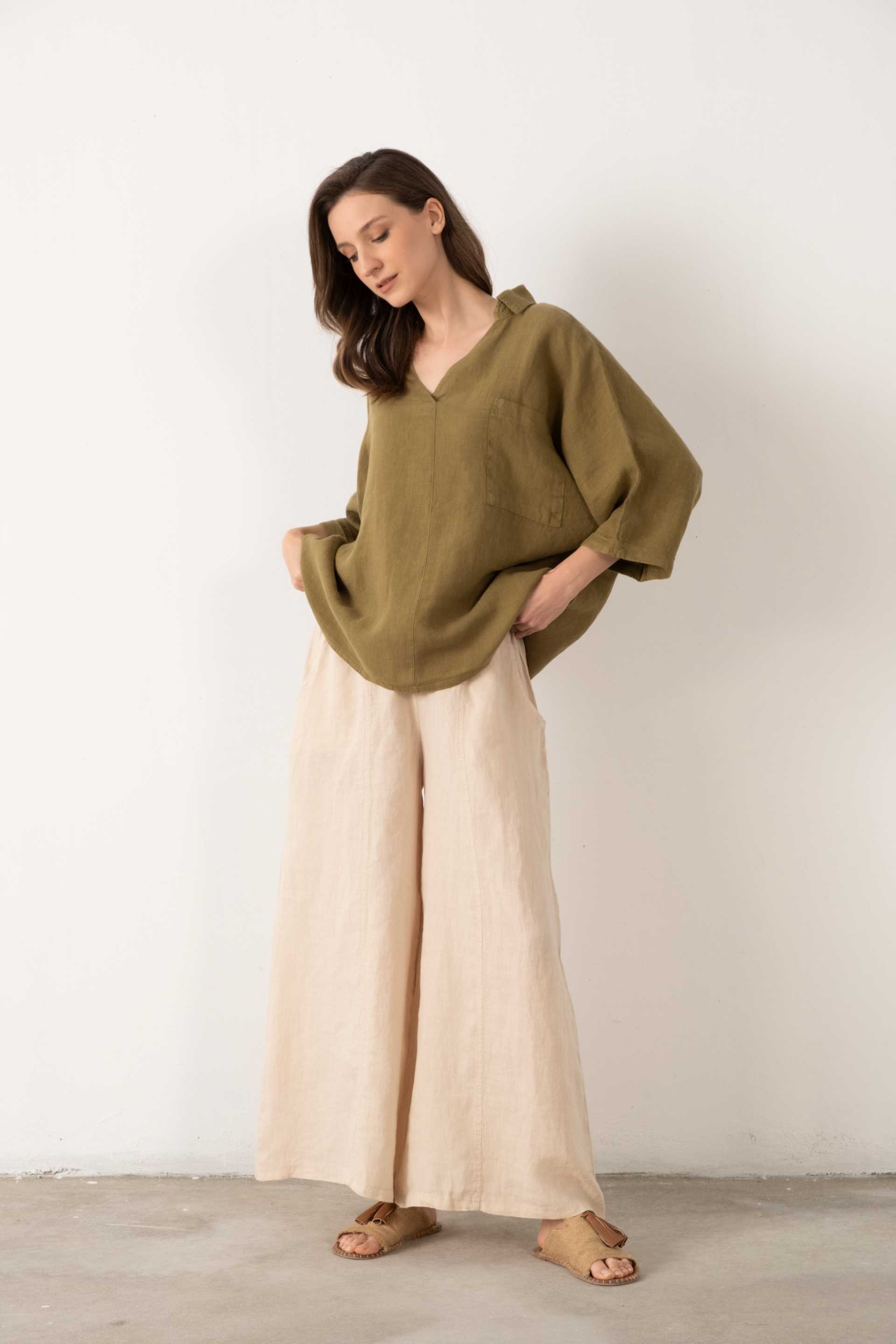 Keten V Yaka Oversize Kadın Gömlek #renk_Haki