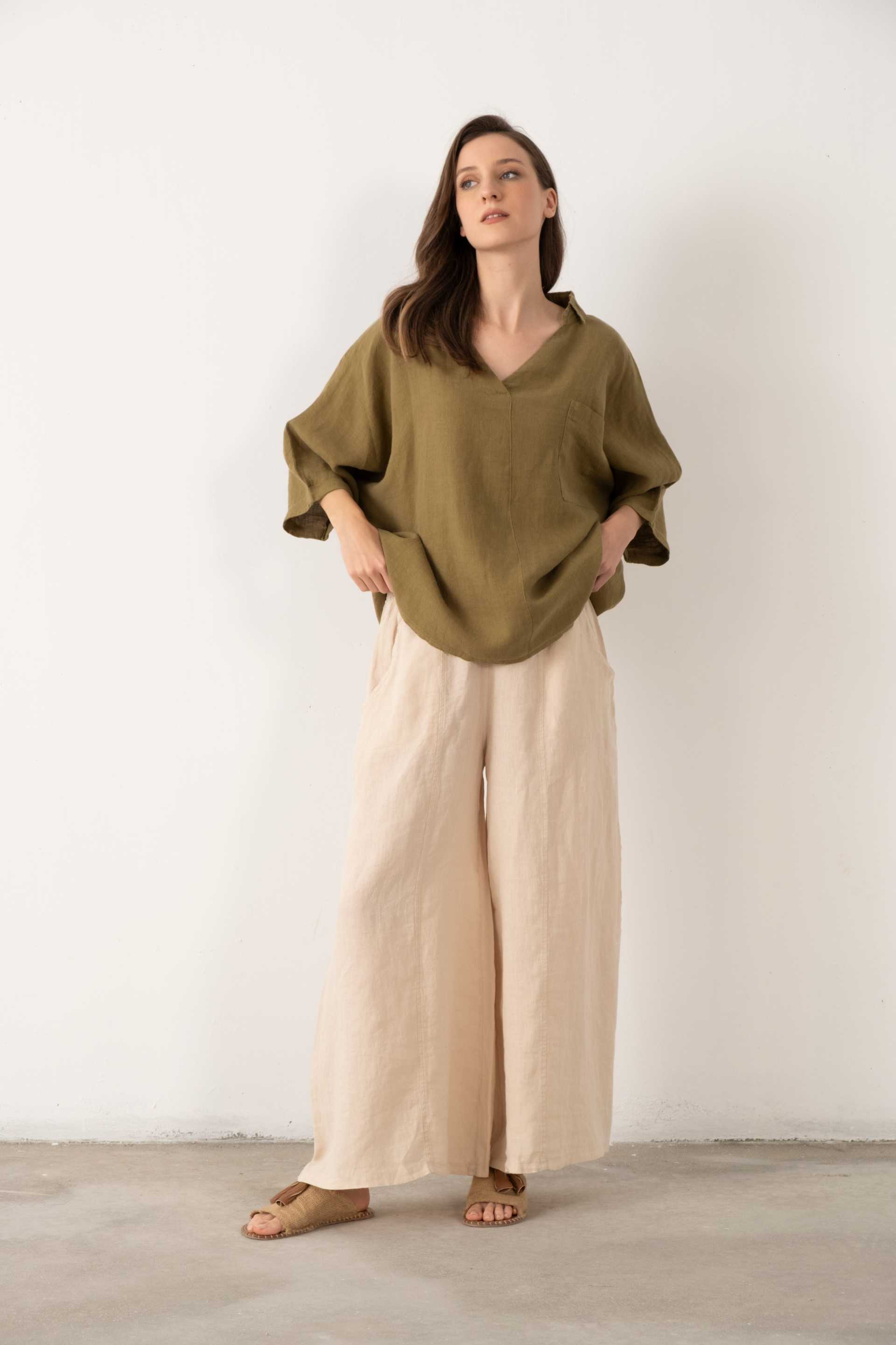 Keten V Yaka Oversize Kadın Gömlek #renk_Haki