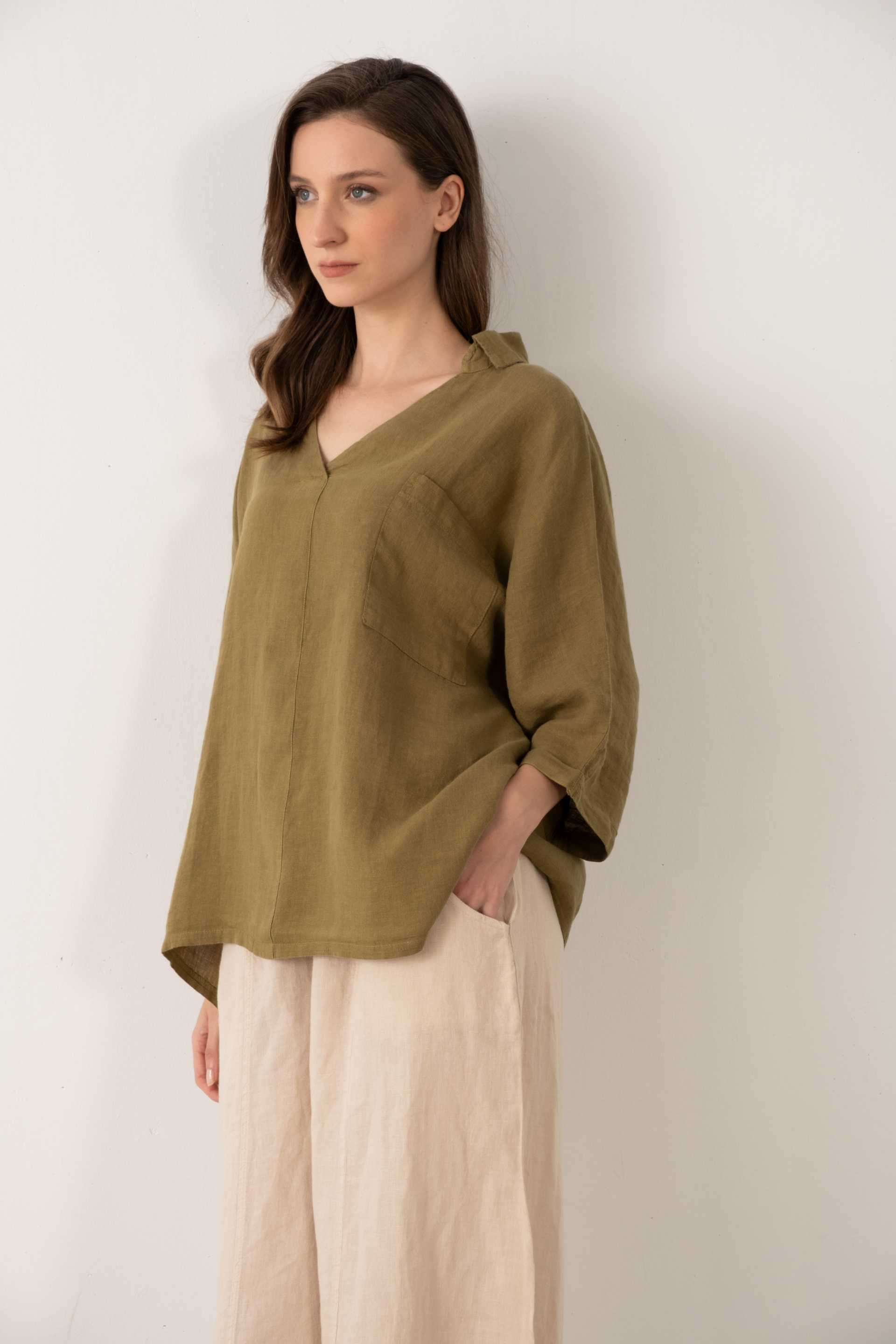 Keten V Yaka Oversize Kadın Gömlek #renk_Haki