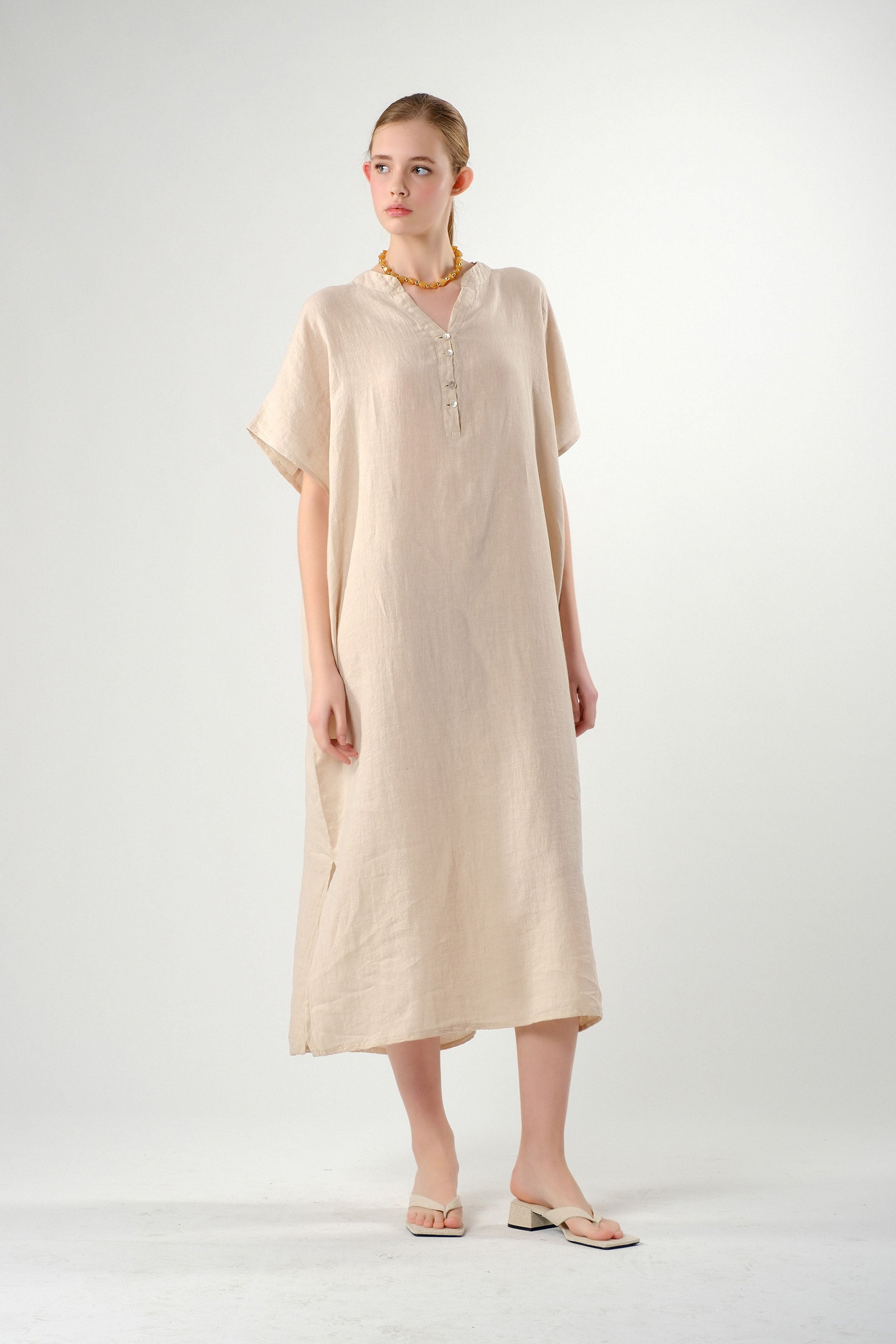 Maxi Kaftan Ham Keten Elbise / Bej #renk_Bej