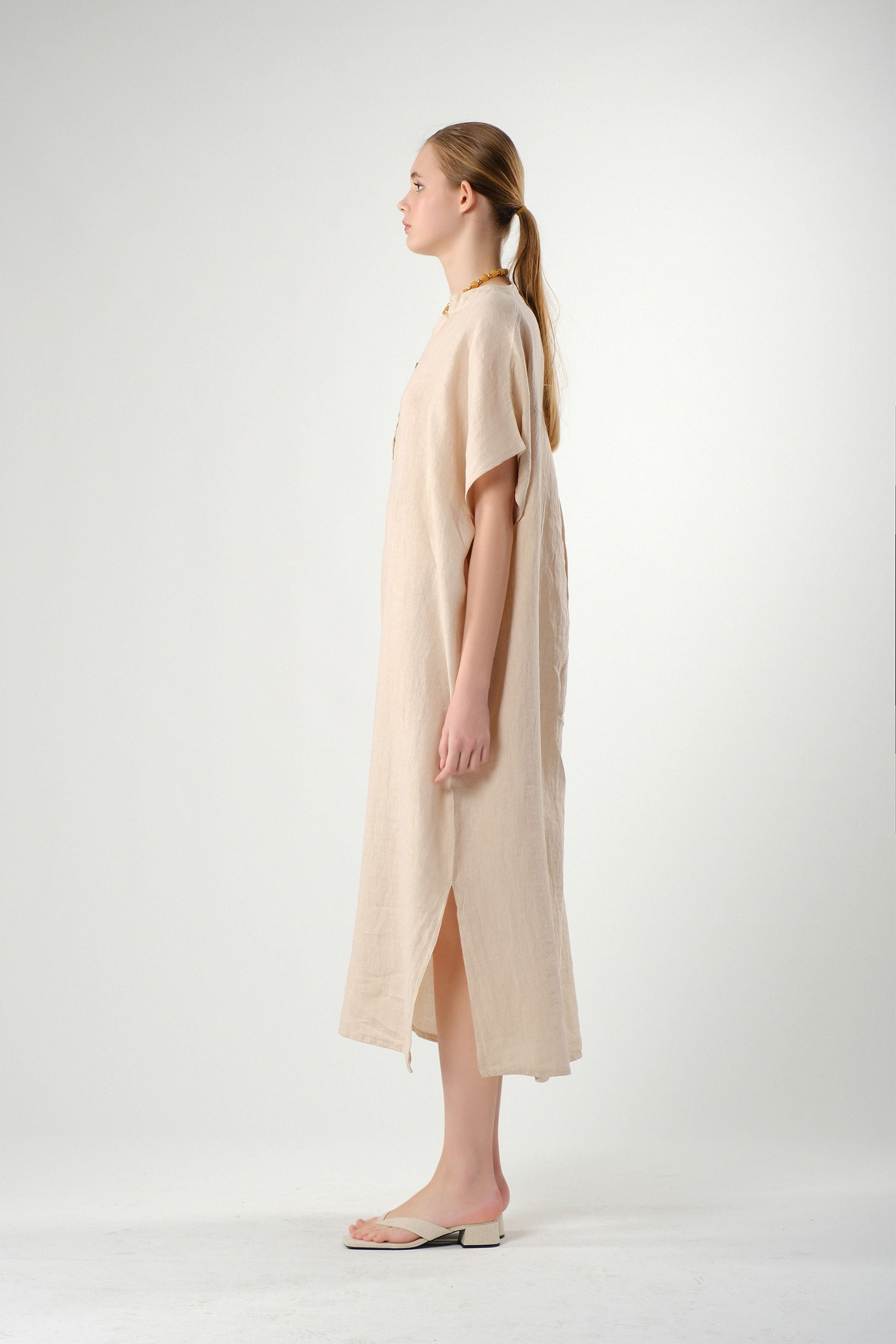 Maxi Kaftan Ham Keten Elbise / Bej #renk_Bej