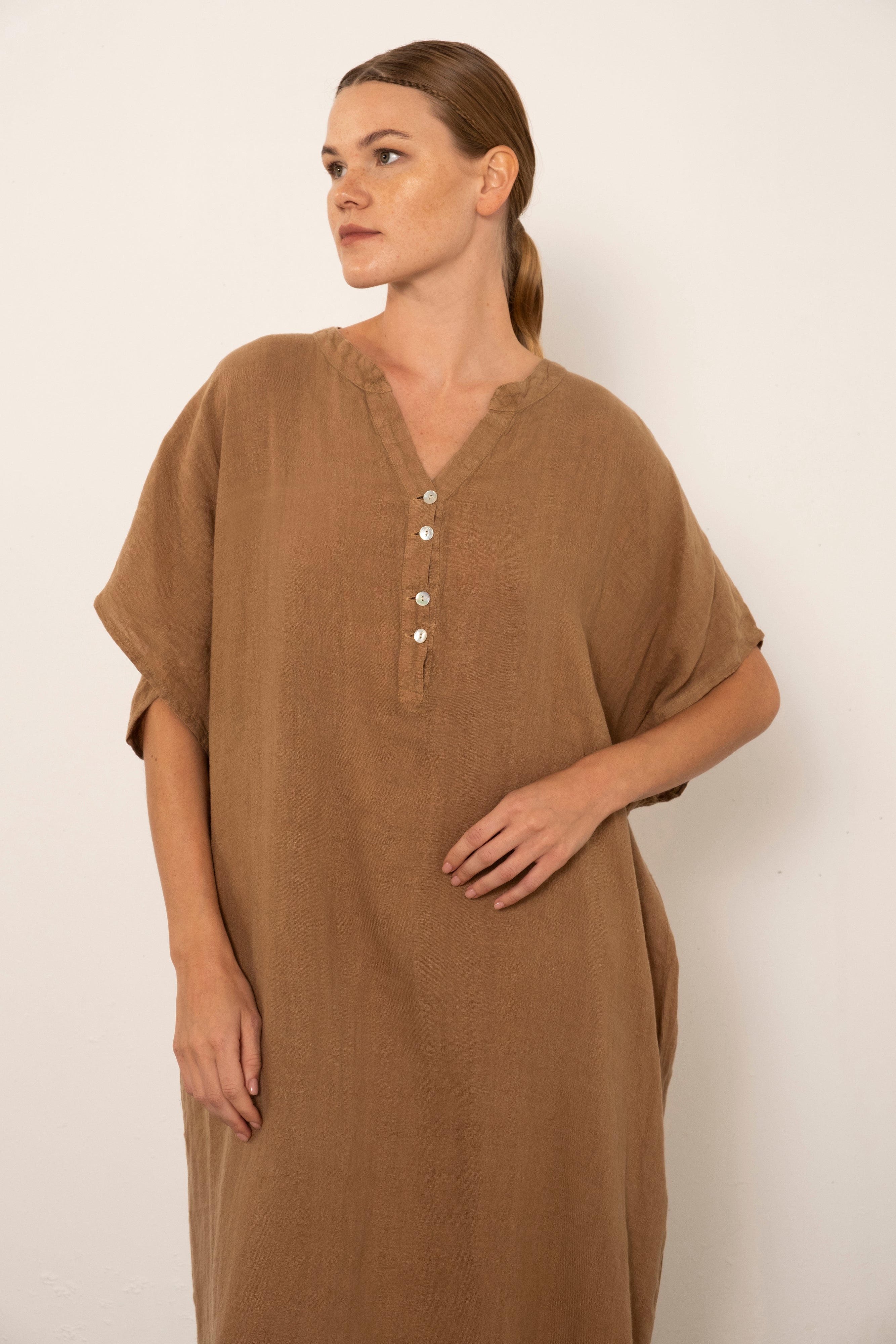 Ham Keten Maxi Kaftan Elbise