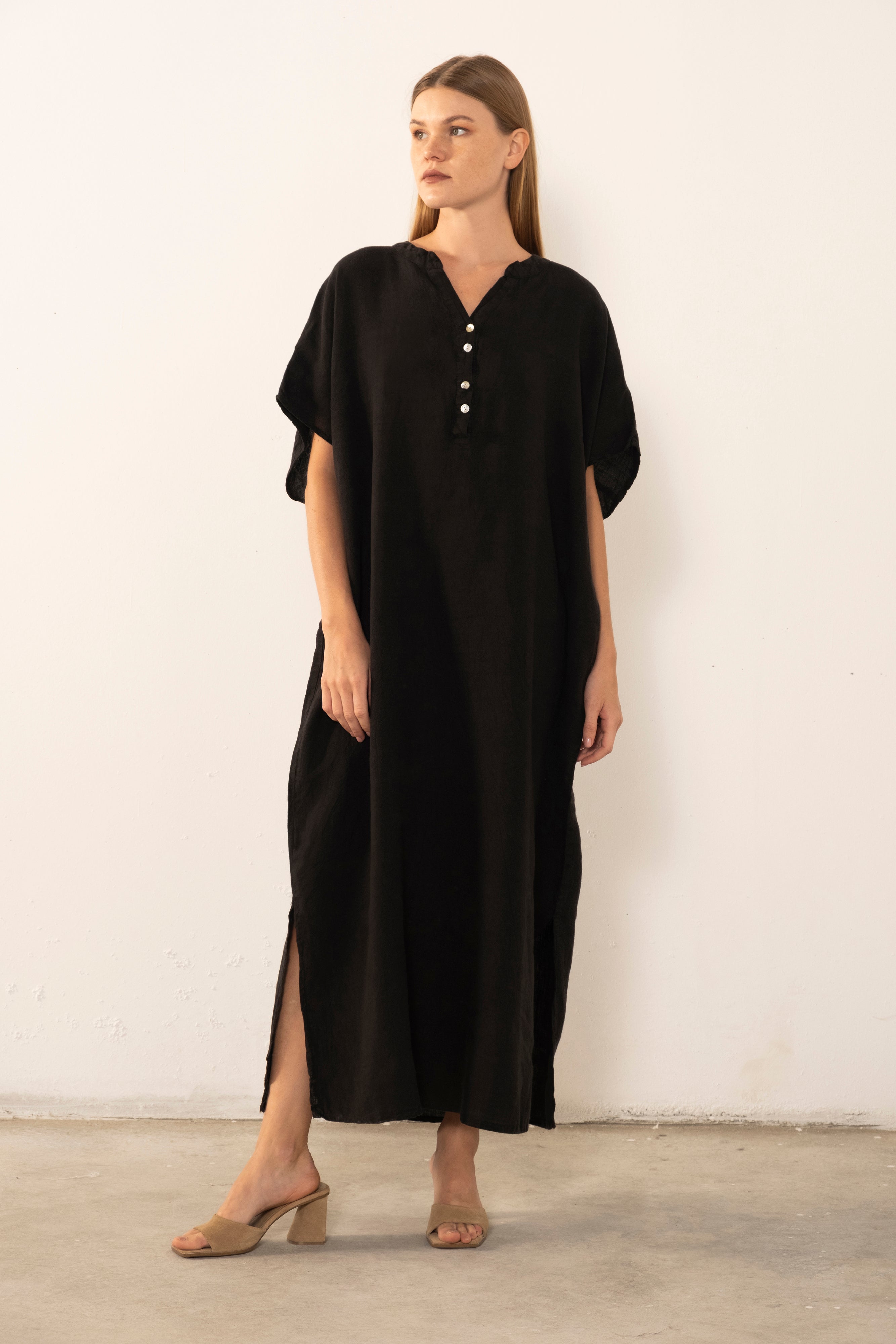 Ham Keten Maxi Kaftan Elbise