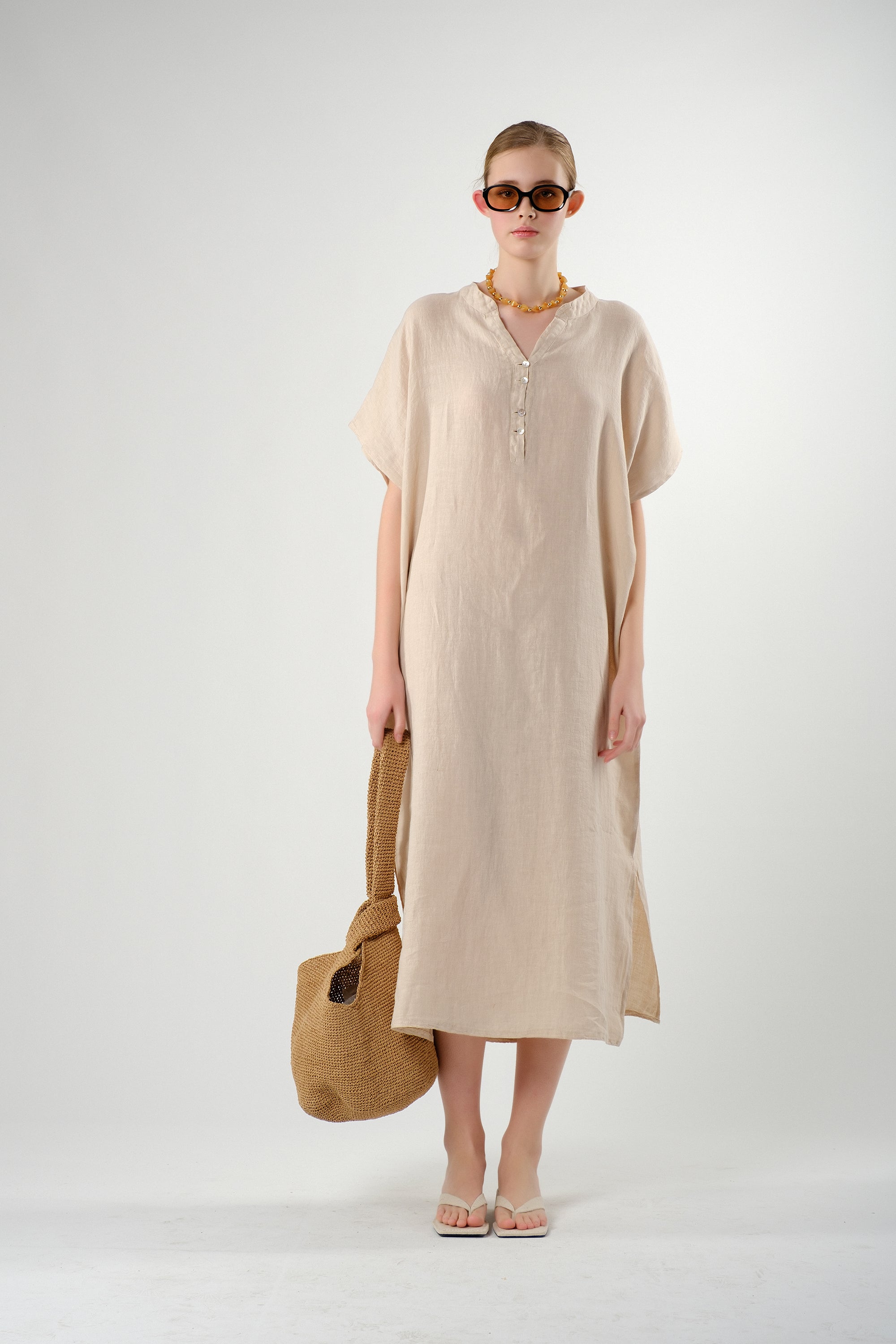 Ham Keten Maxi Kaftan Elbise