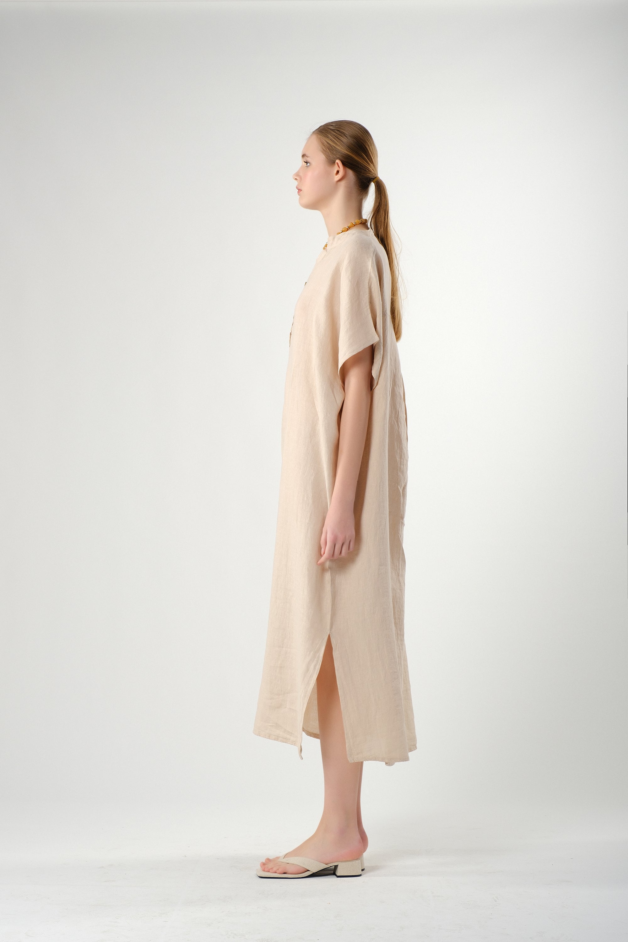 Ham Keten Maxi Kaftan Elbise