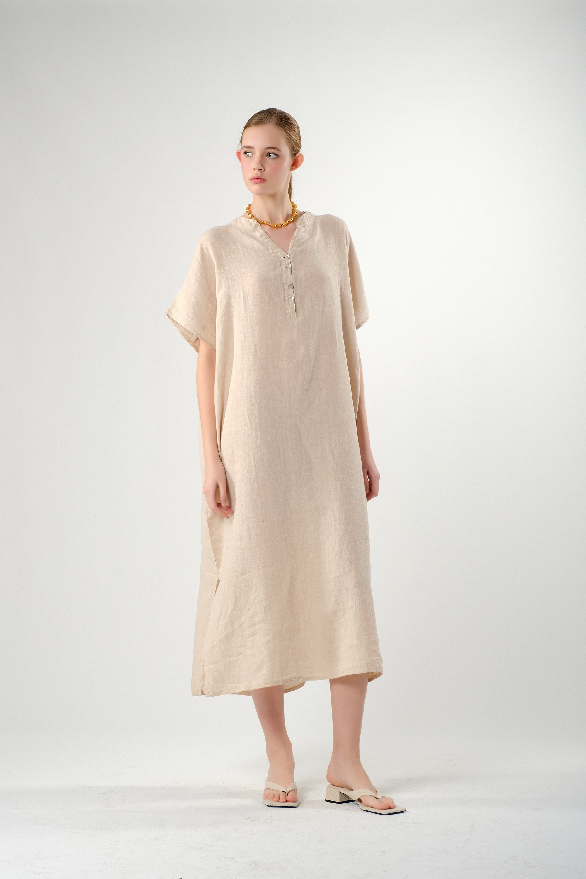 Ham Keten Maxi Kaftan Elbise