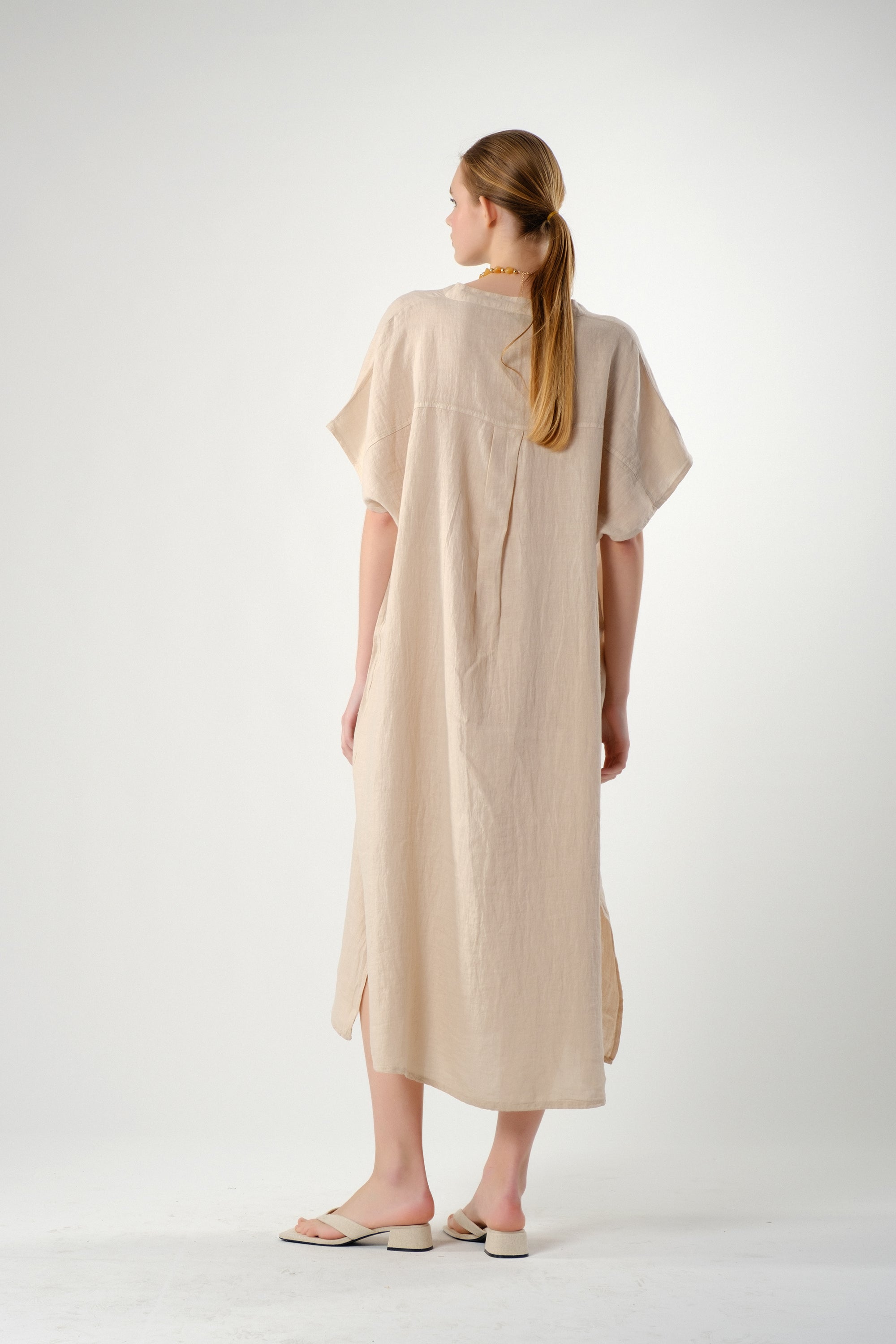Ham Keten Maxi Kaftan Elbise