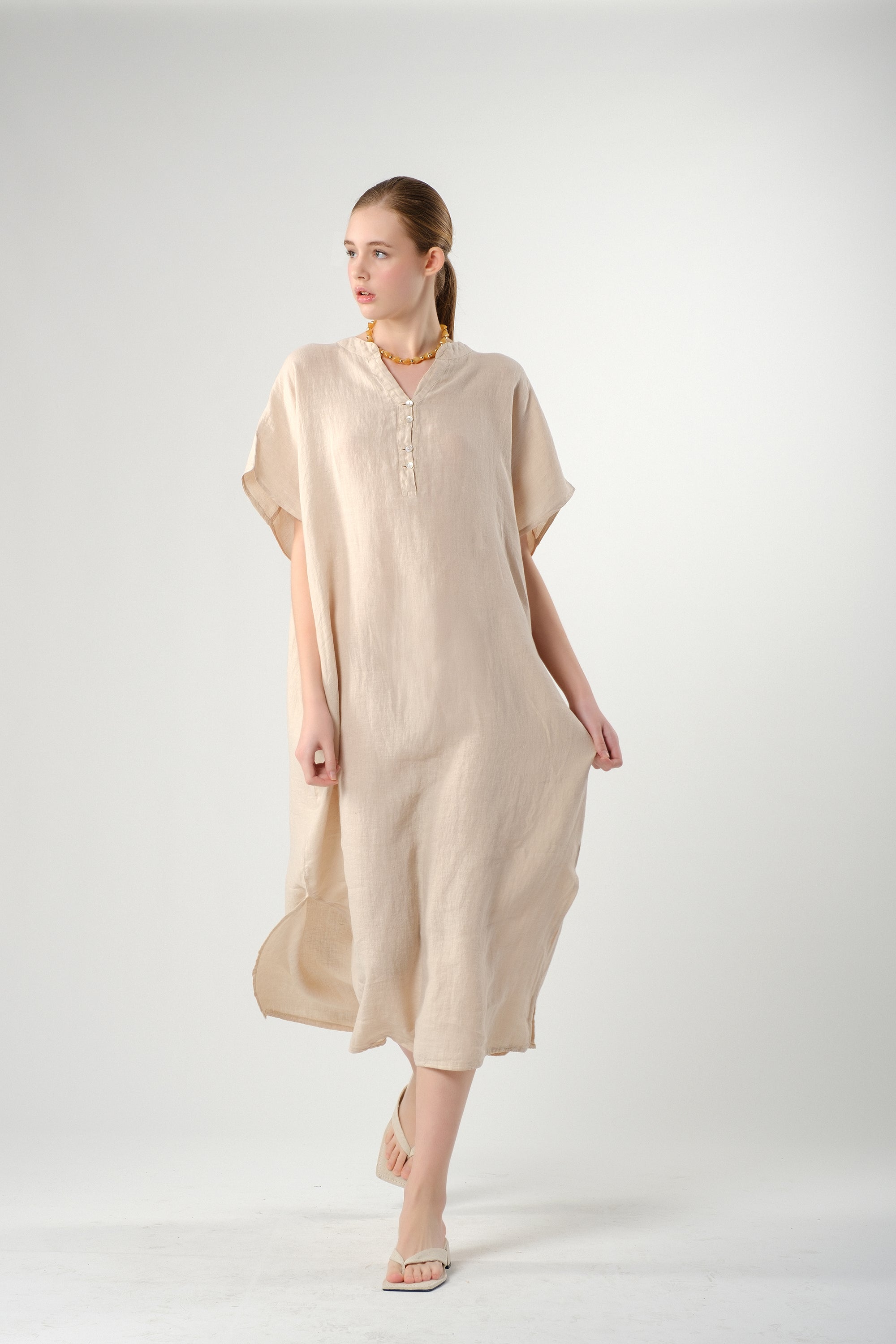 Ham Keten Maxi Kaftan Elbise