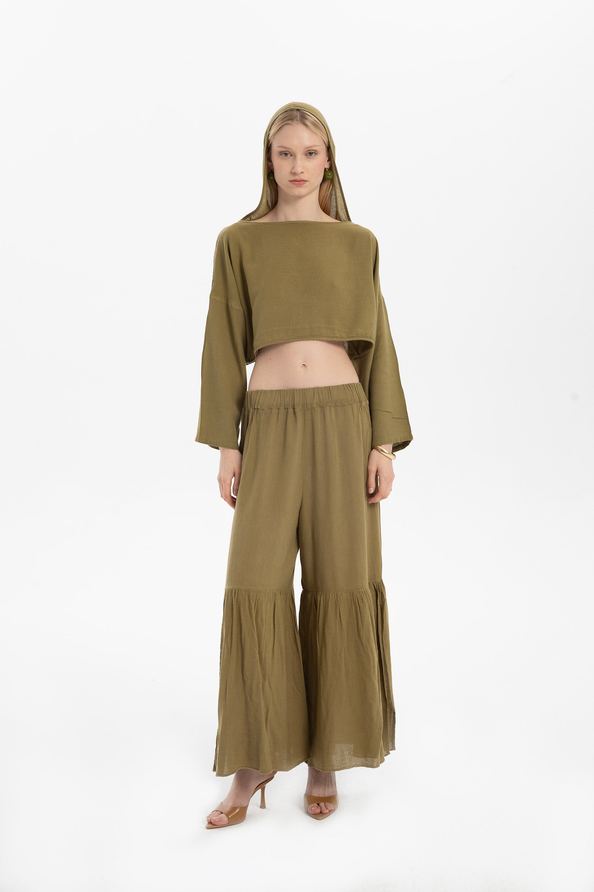 Keten Karışımlı Paçası Yırtmaçlı Pantolon #Renk_Haki