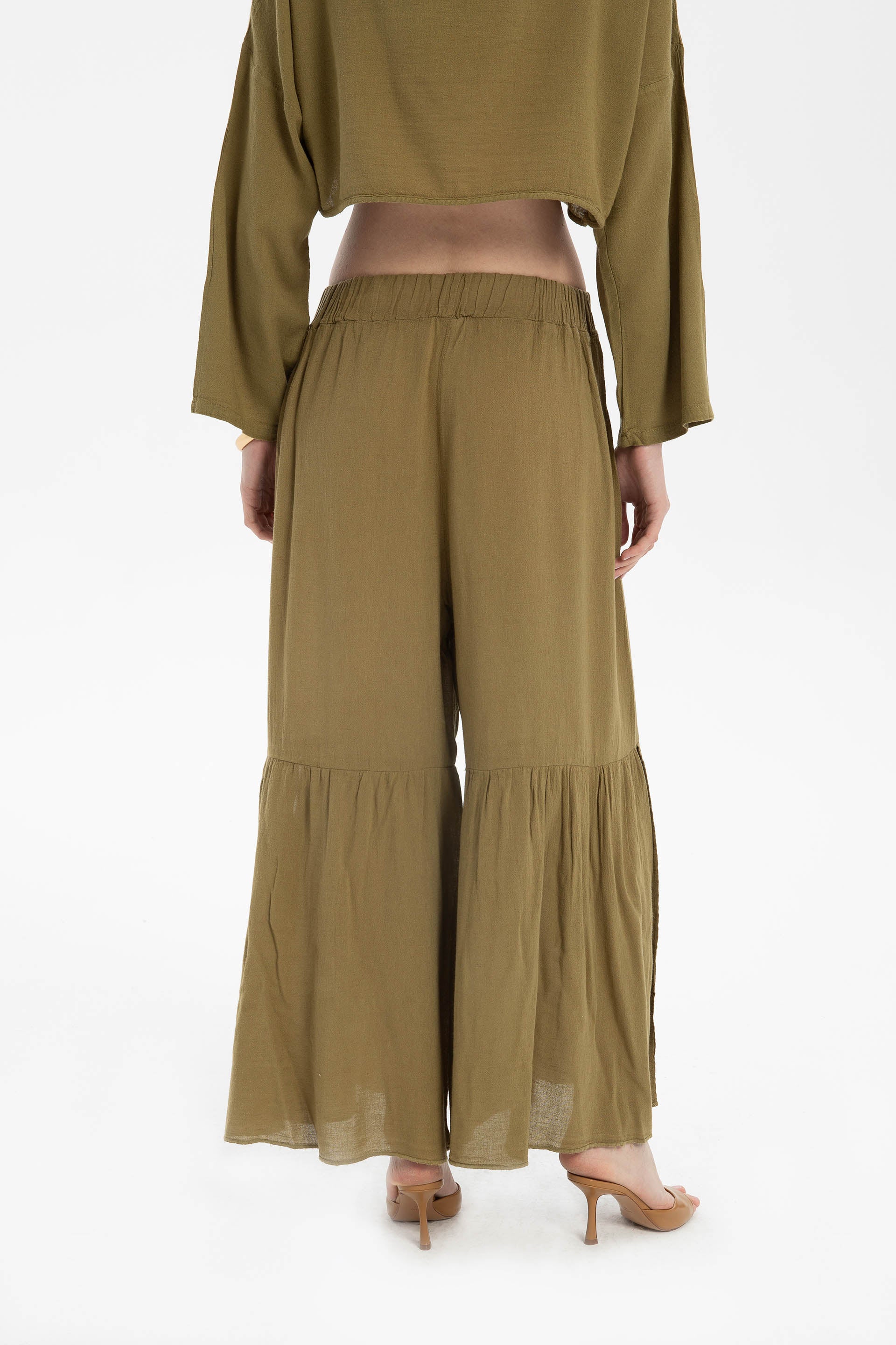 Keten Karışımlı Paçası Yırtmaçlı Pantolon #Renk_Haki