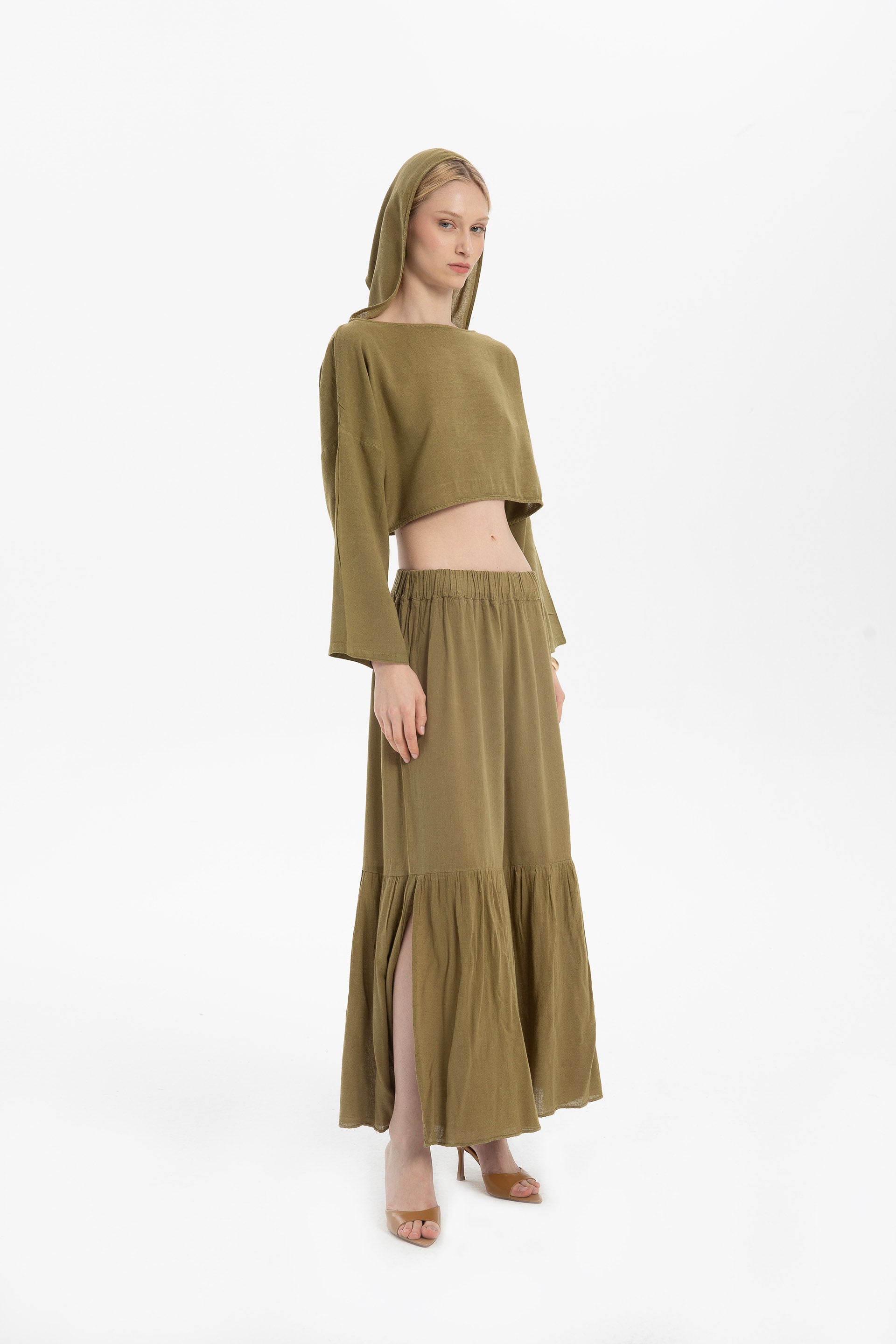 Keten Karışımlı Paçası Yırtmaçlı Pantolon #Renk_Haki