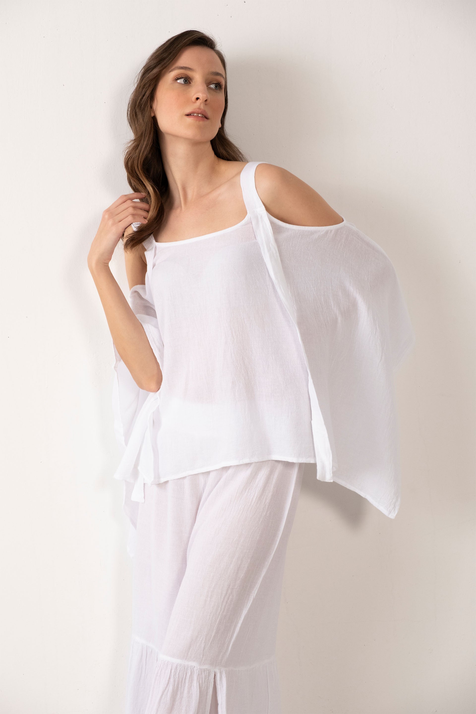 Keten Karışımlı Kalın Askılı Salaş Bluz #Renk_ Beyaz