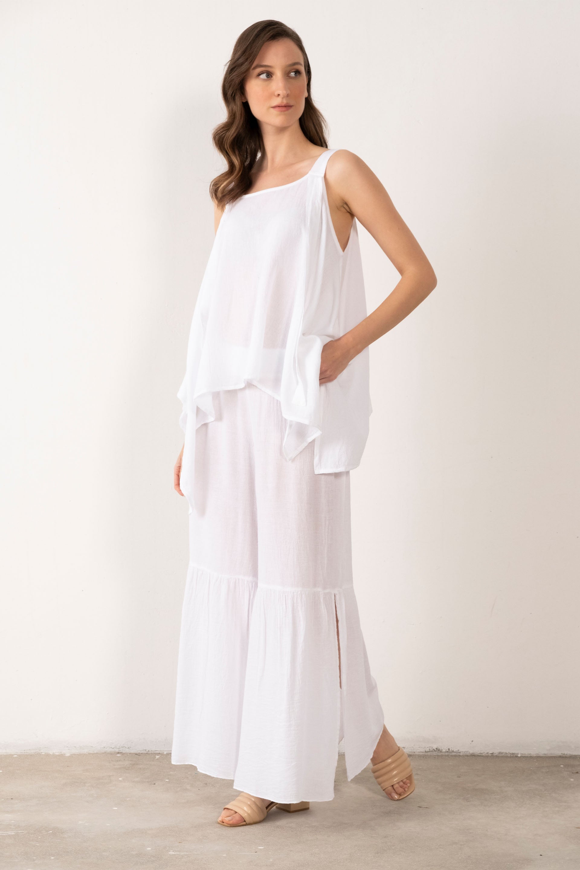 Keten Karışımlı Kalın Askılı Salaş Bluz #Renk_ Beyaz