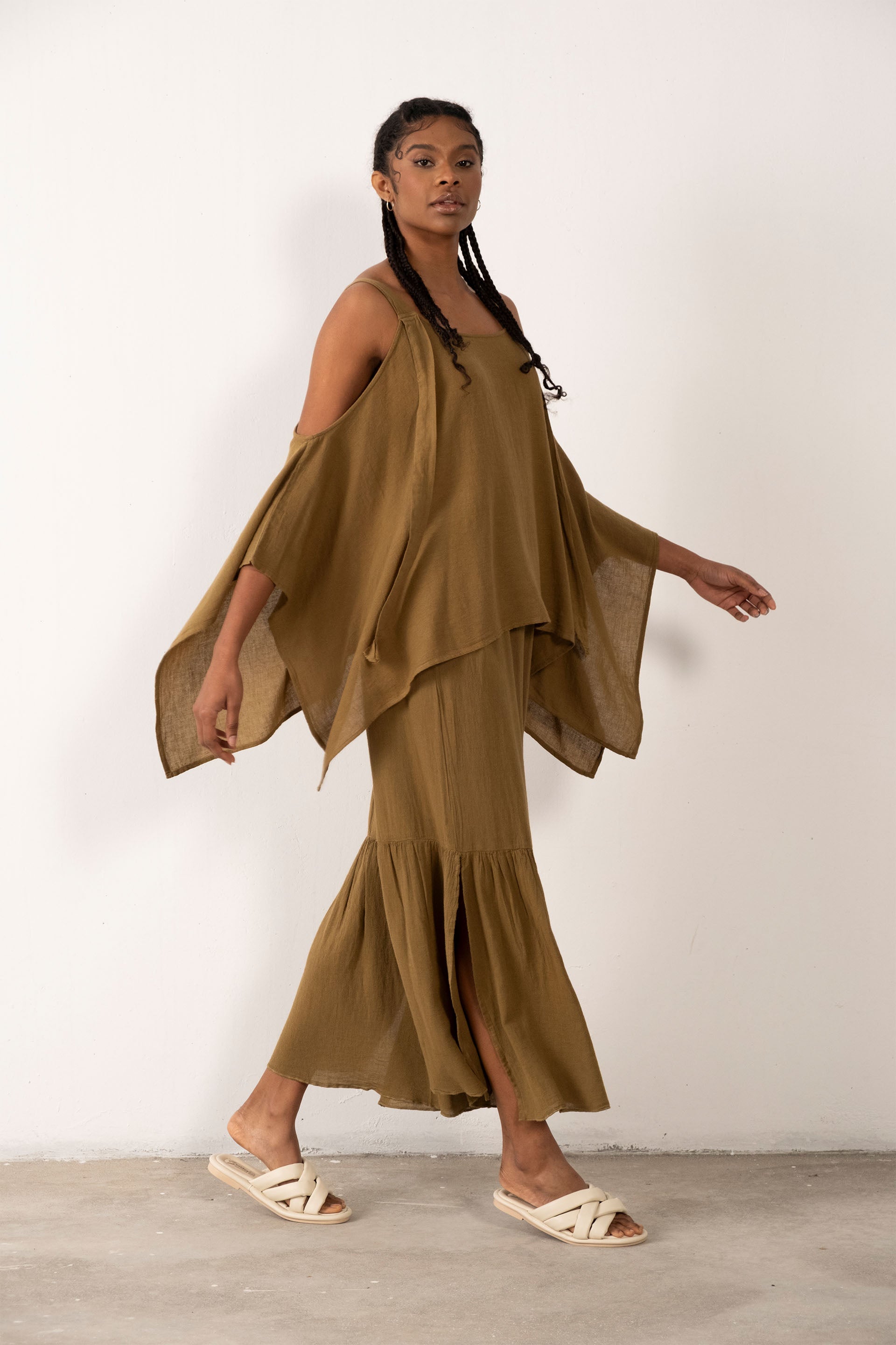 Keten Karışımlı Kalın Askılı Salaş Bluz #Renk_ Haki