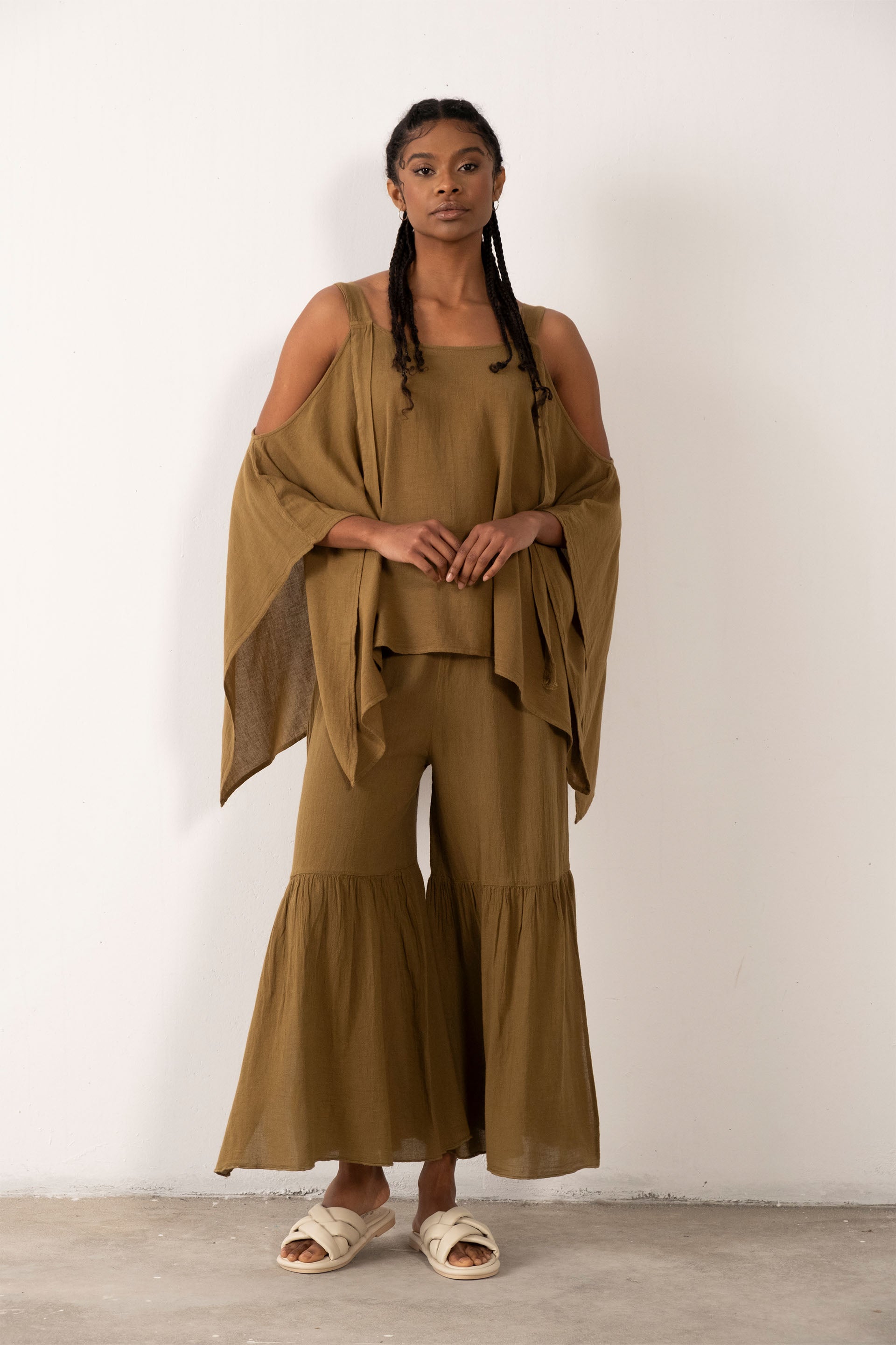 Keten Karışımlı Kalın Askılı Salaş Bluz #Renk_ Haki