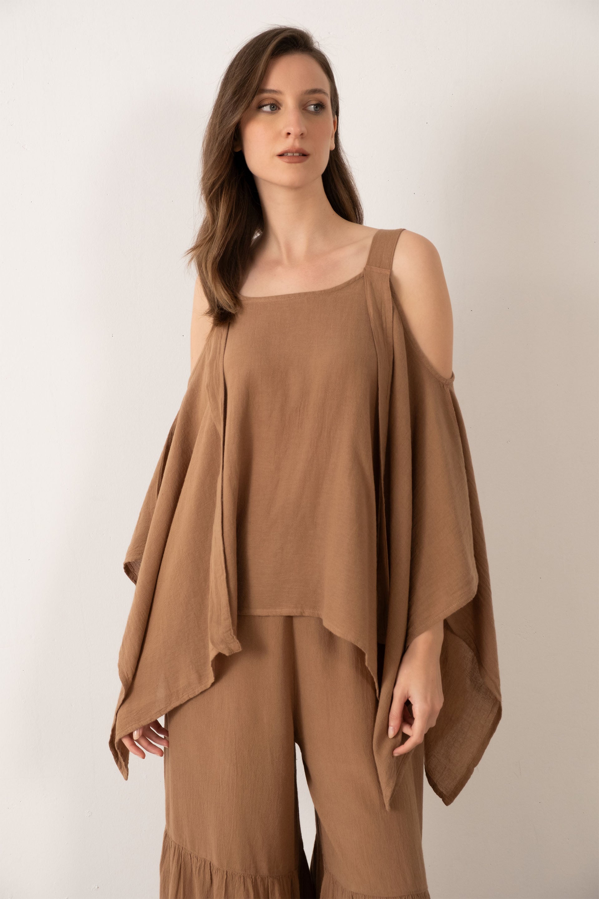 Keten Karışımlı Kalın Askılı Salaş Bluz #renk_Kahve