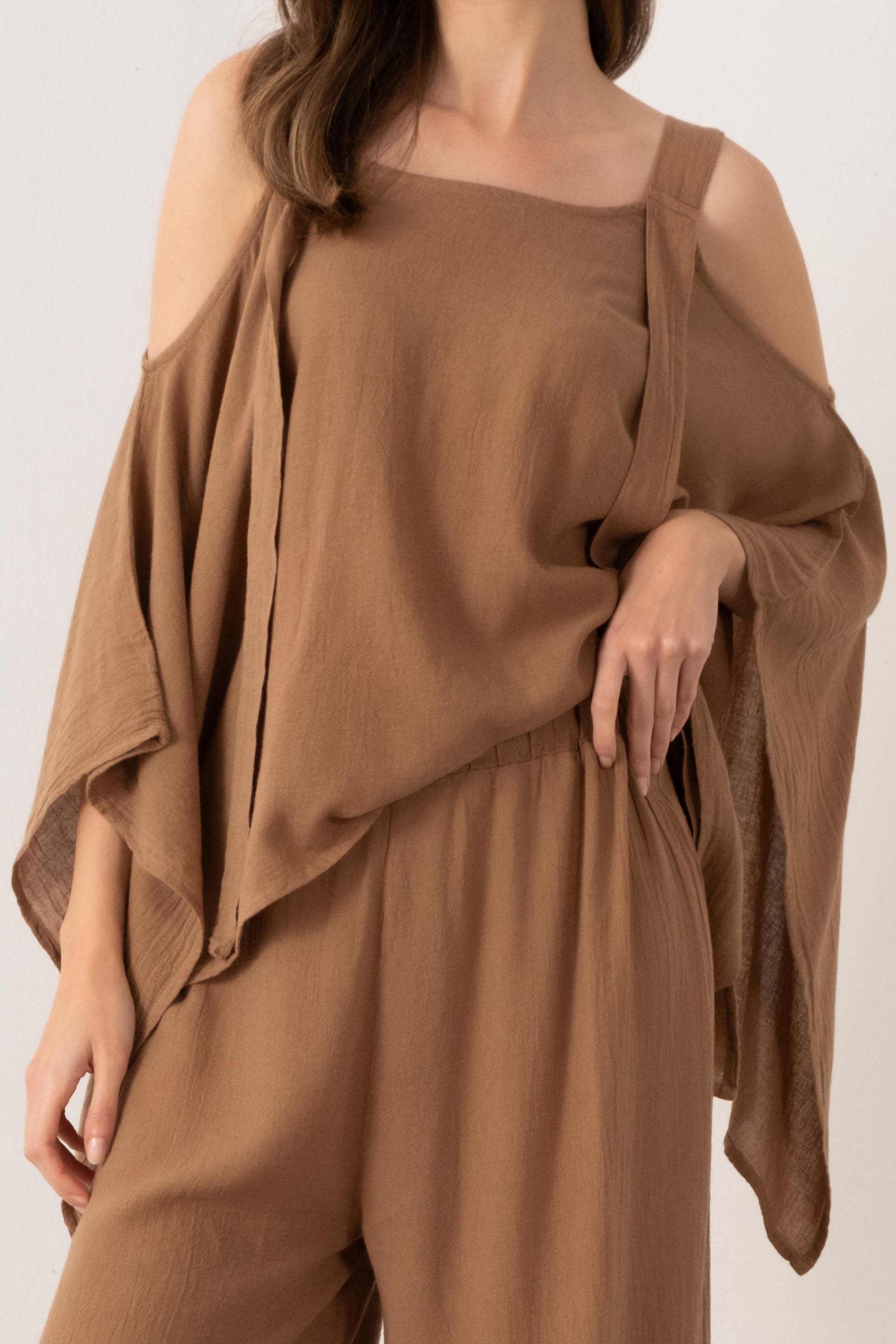 Keten Karışımlı Kalın Askılı Salaş Bluz #renk_Kahve