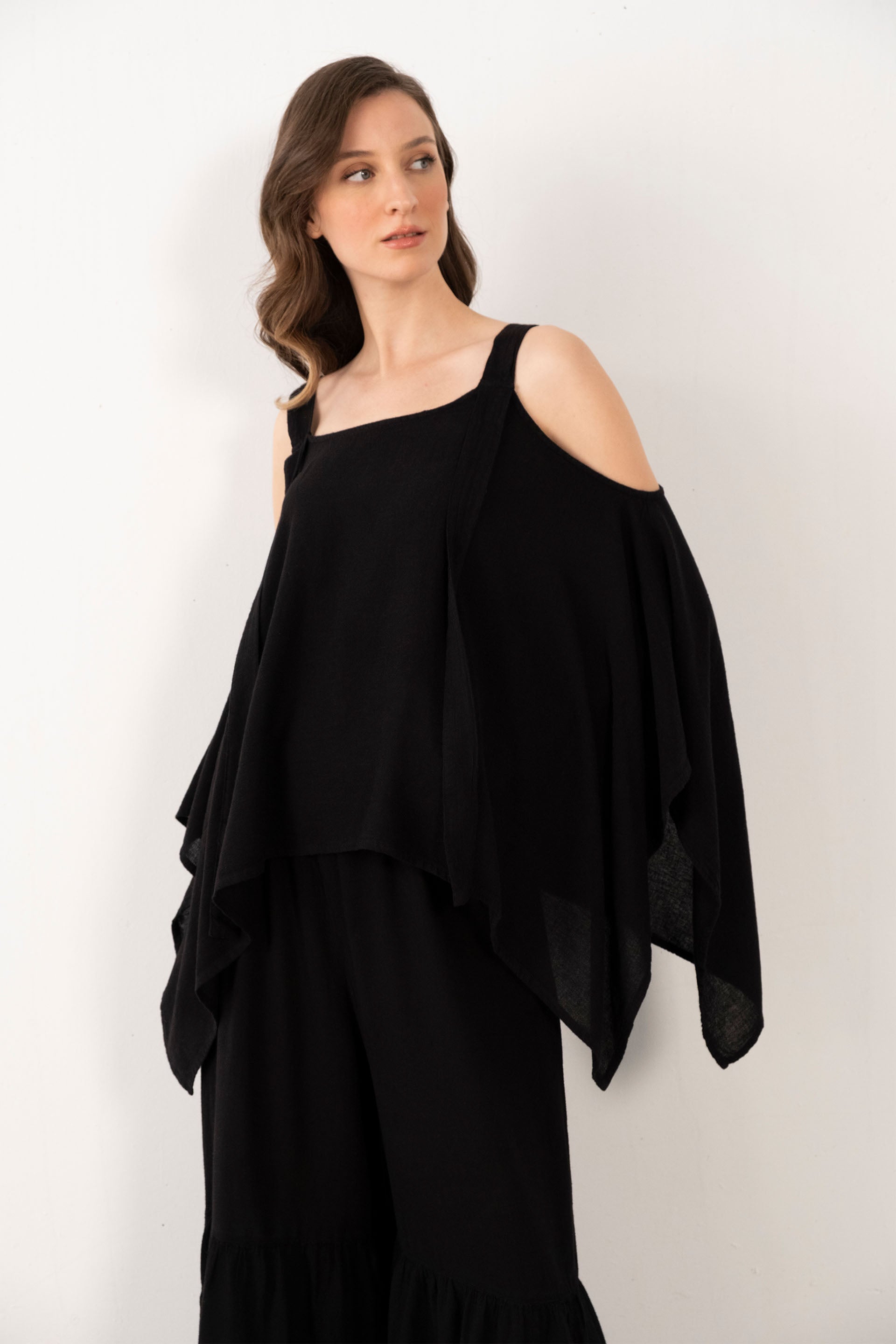 Keten Karışımlı Kalın Askılı Salaş Bluz #Renk_ Siyah