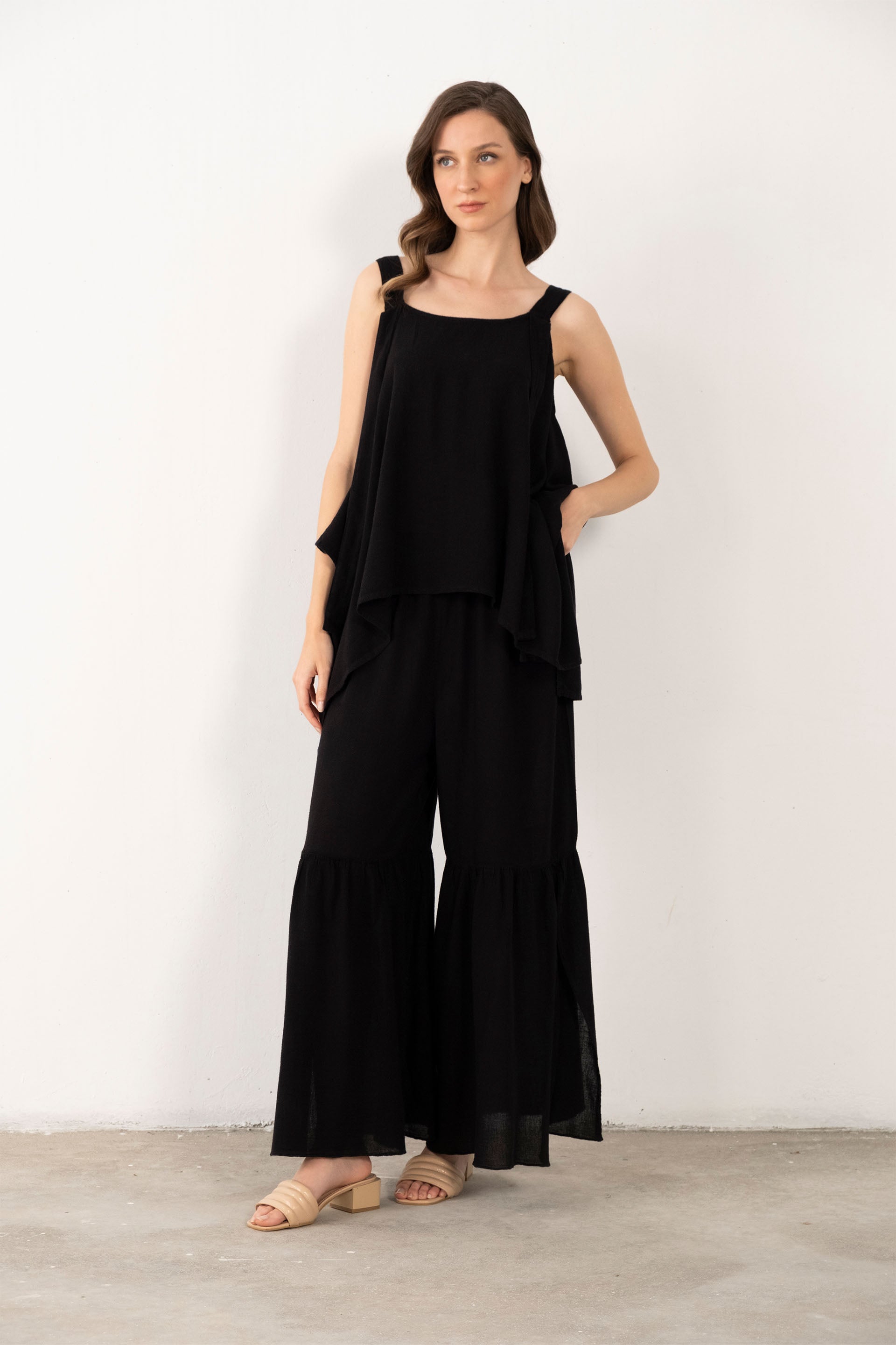 Keten Karışımlı Kalın Askılı Salaş Bluz #Renk_ Siyah