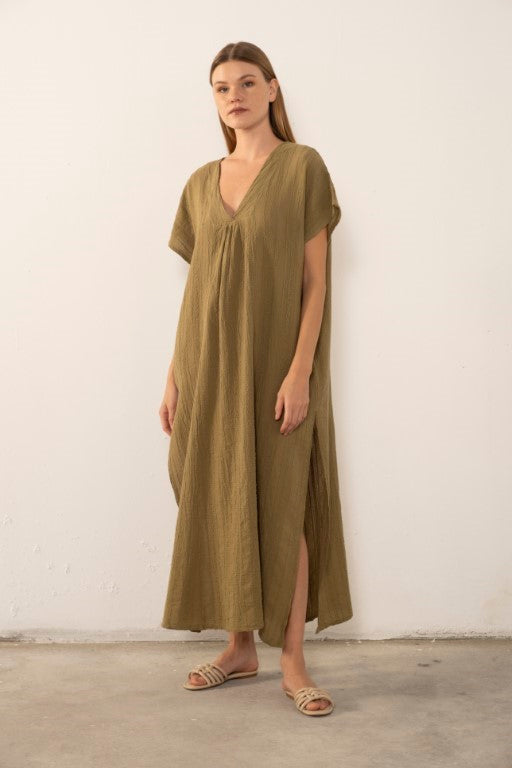 Desenli Dokuma Maxi Kaftan Elbise