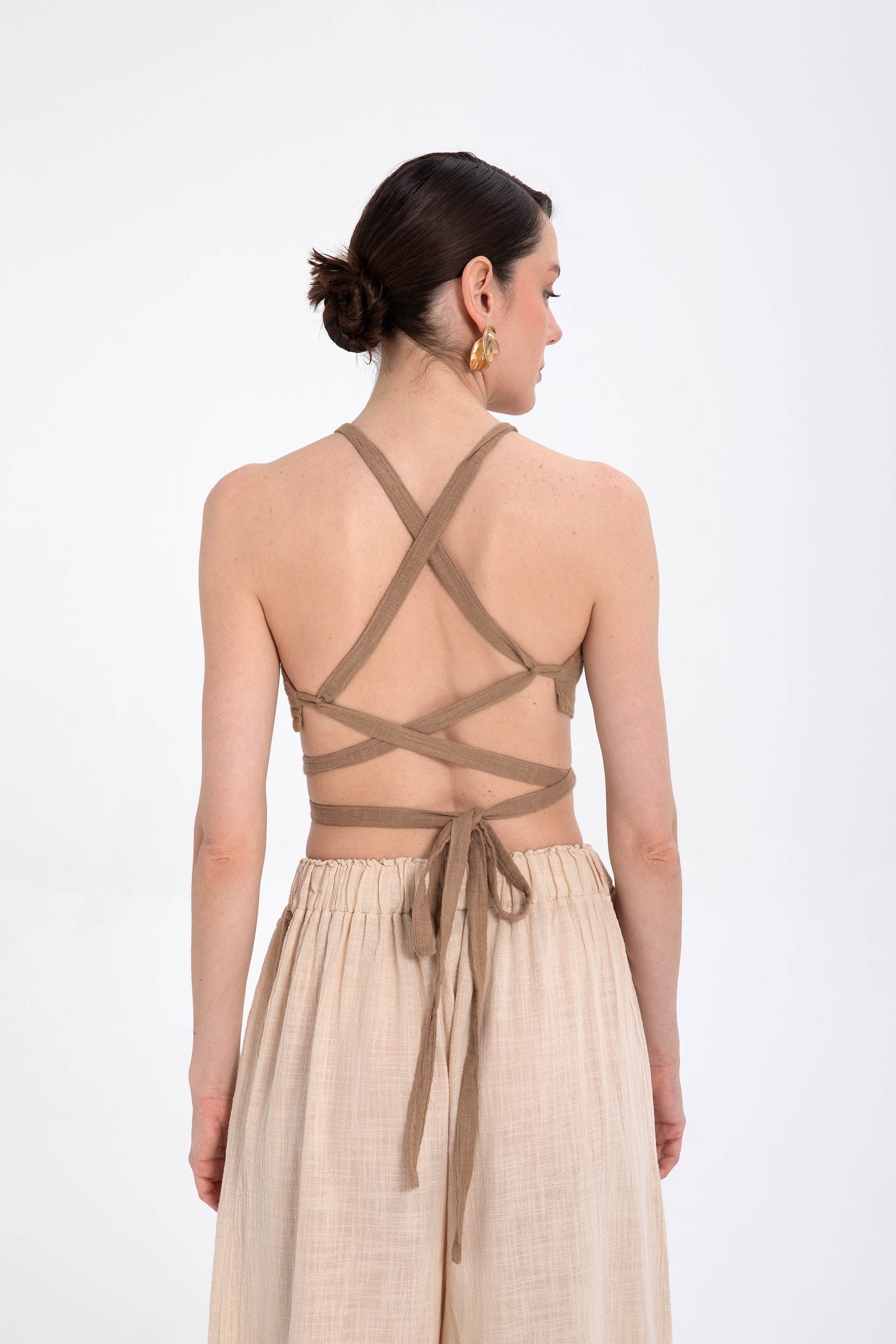 Sırtı Bağcıklı Önden Büzgülü Crop Top
