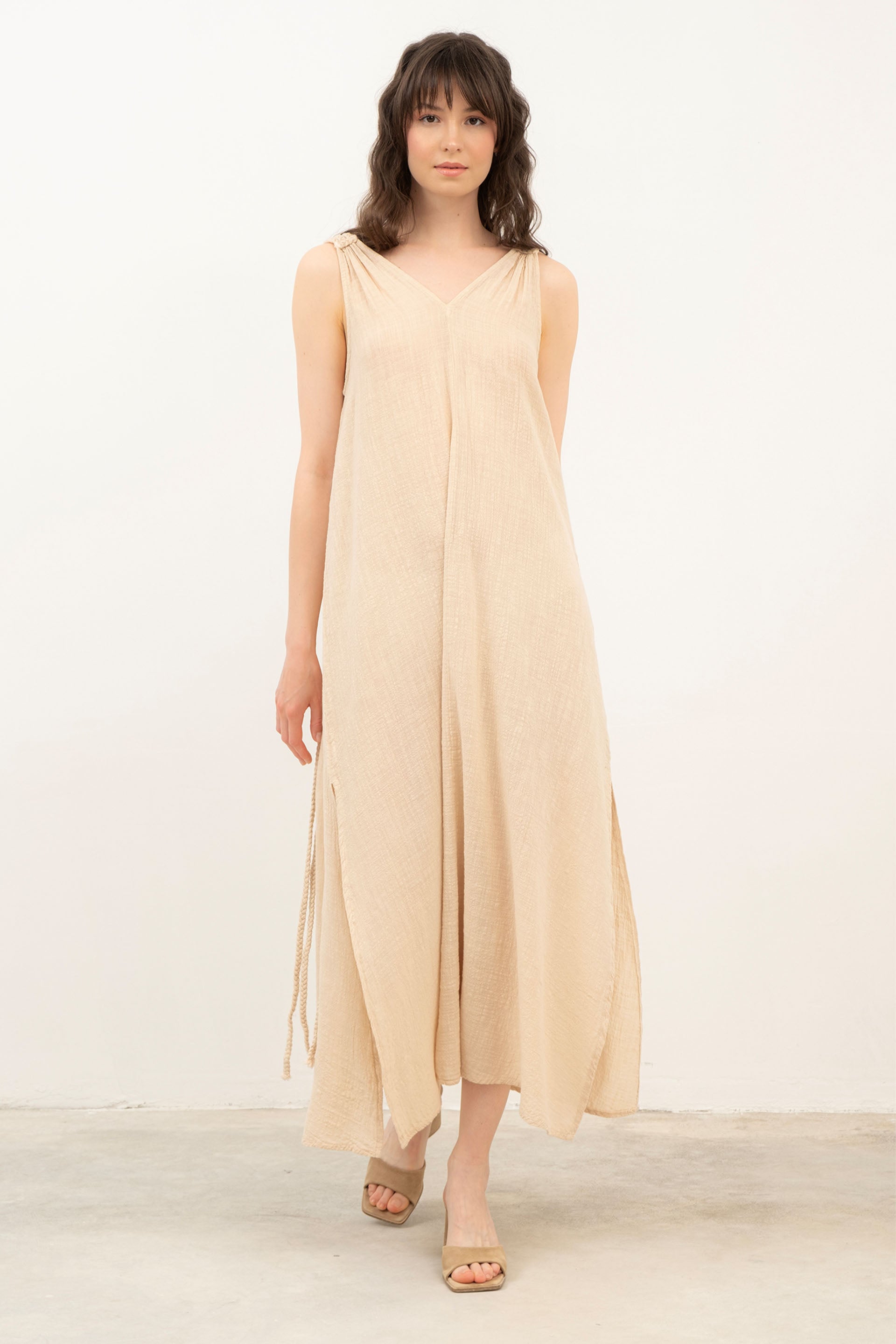 Helen Model Örgü Askılı Elbise / Doğal #renk_Bej