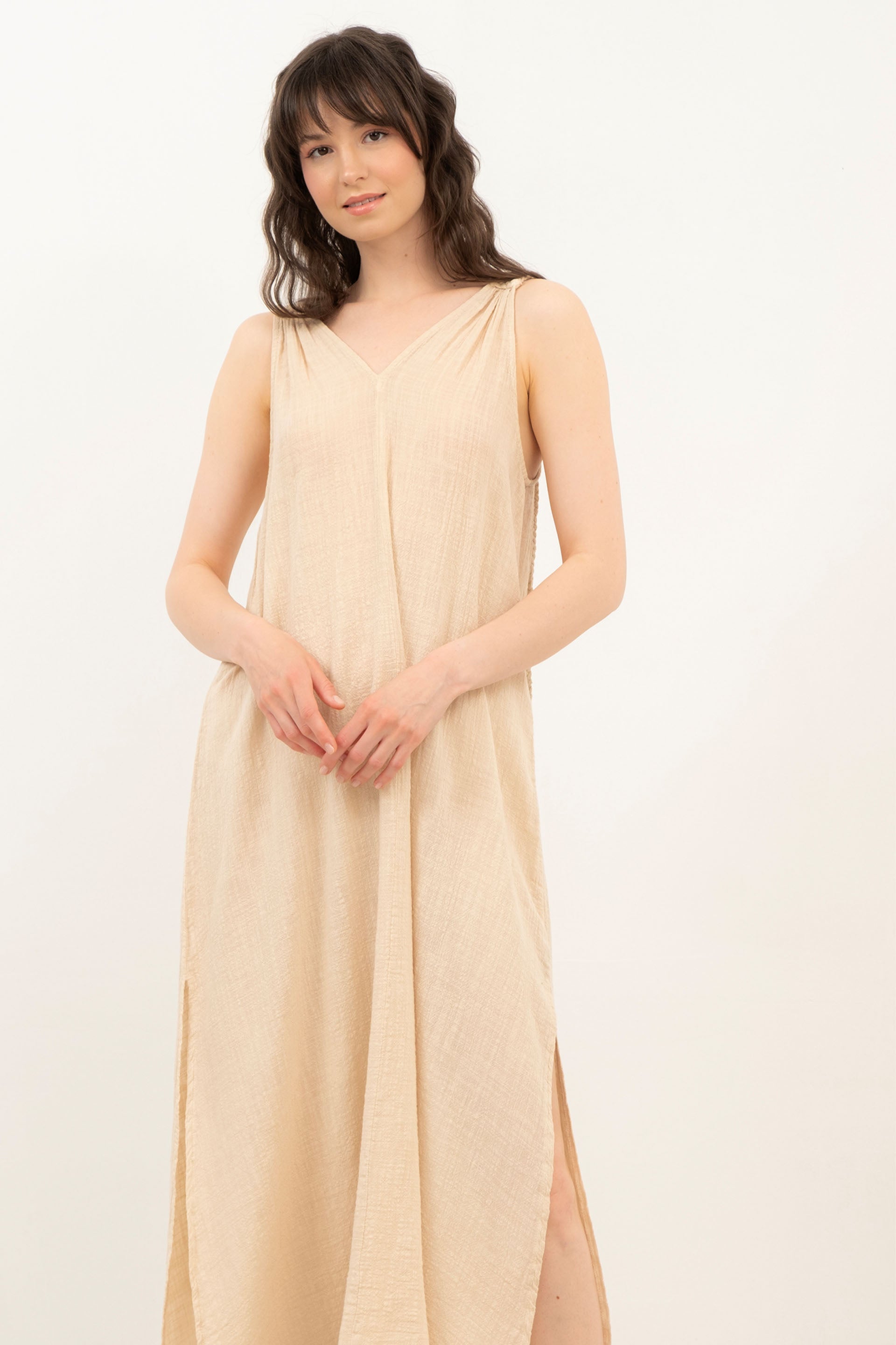 Helen Model Örgü Askılı Elbise / Doğal #renk_Bej