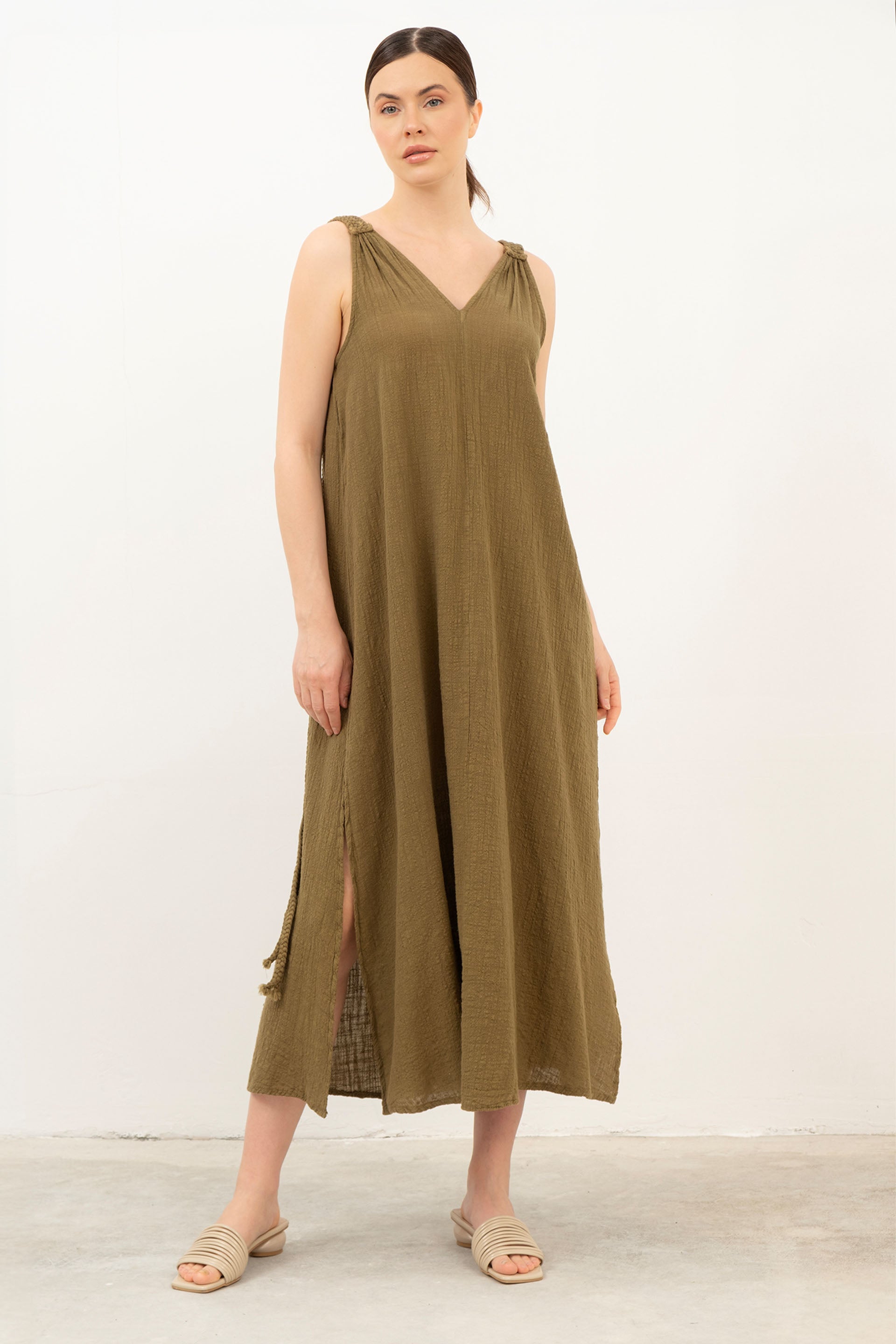 Helen Model Örgü Askılı Elbise / Haki #renk_Haki