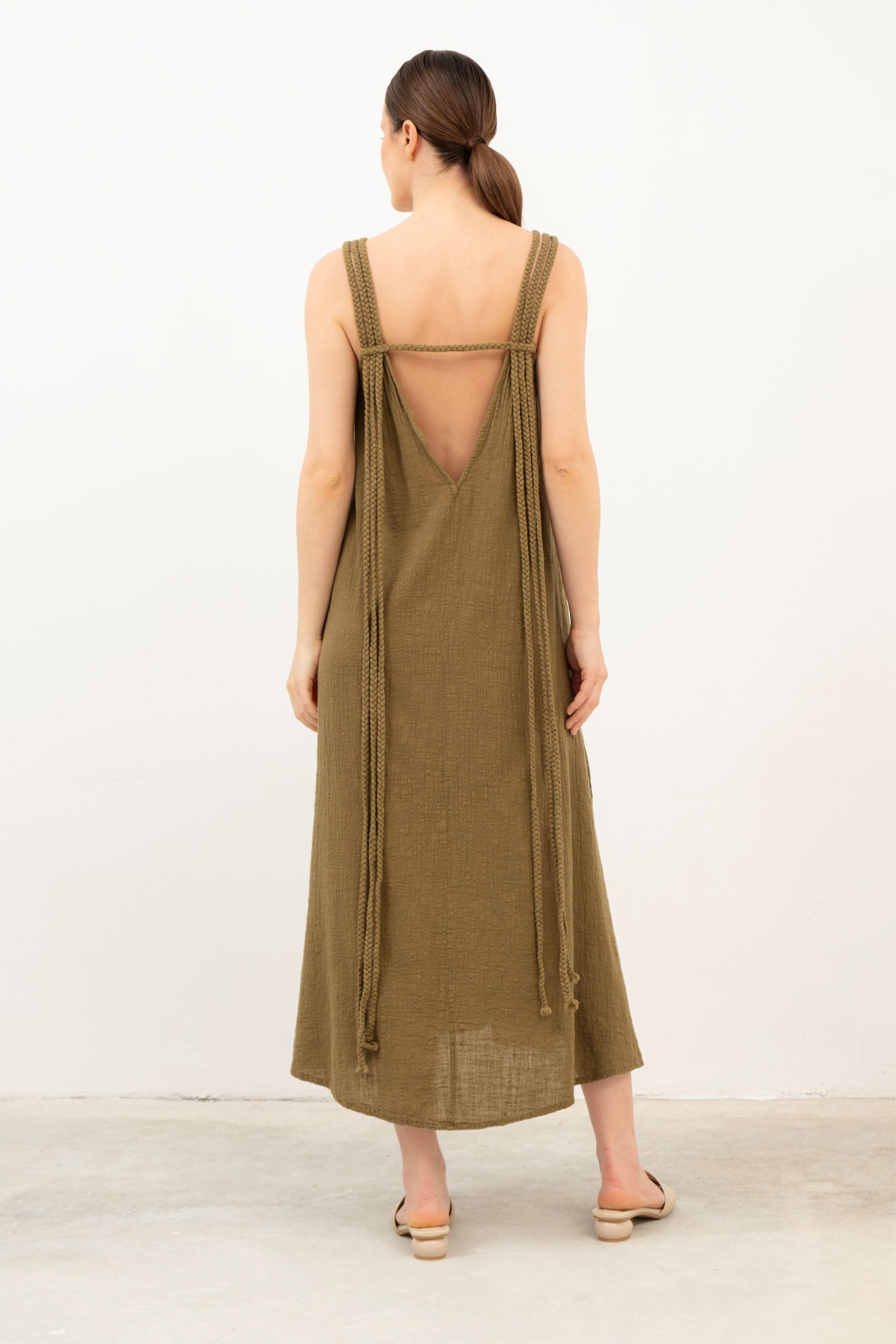 Helen Model Örgü Askılı Elbise / Haki #renk_Haki