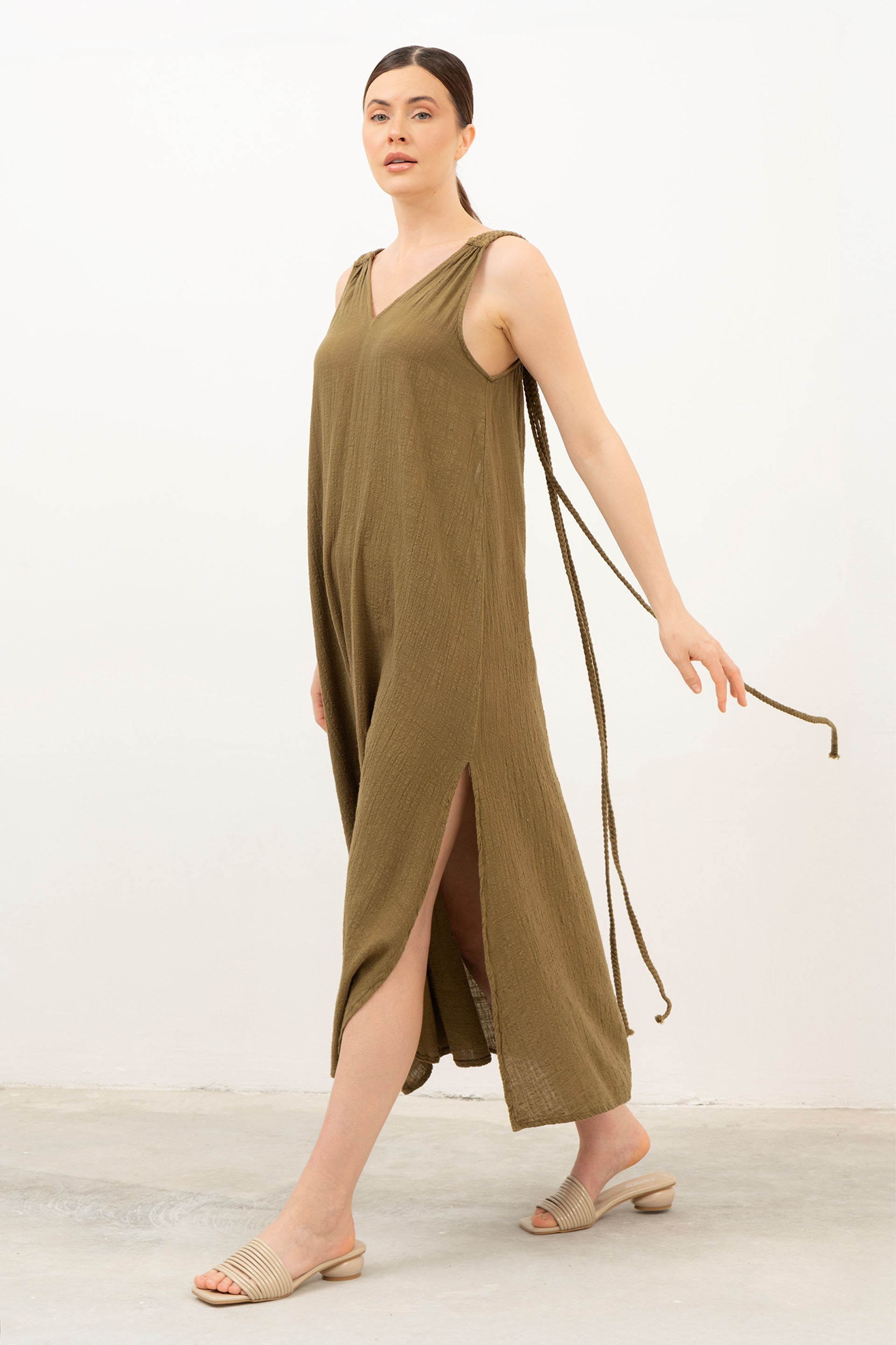 Helen Model Örgü Askılı Elbise / Haki #renk_Haki